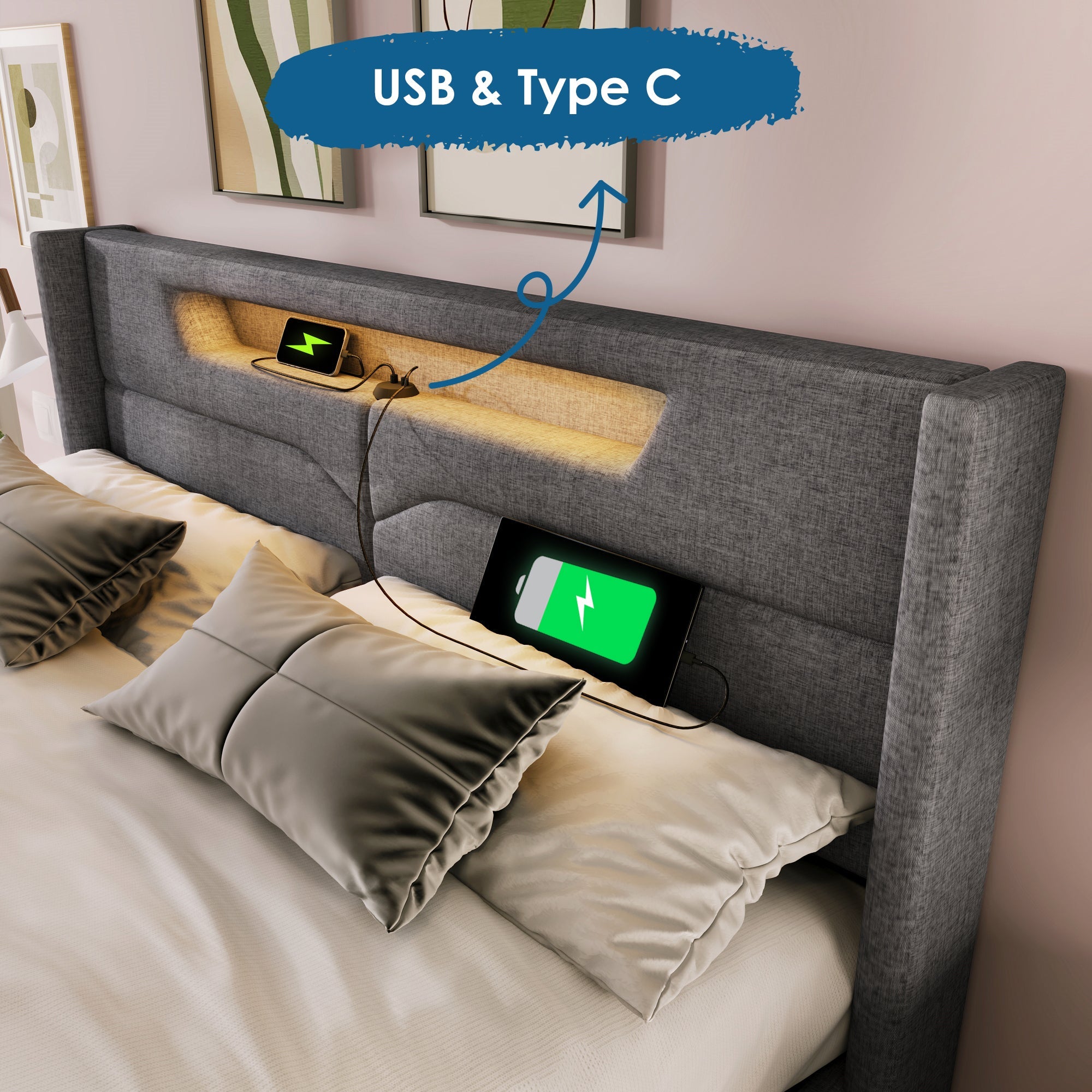 Logidon upholstered bed LED double bed 140x200 gray USB C charging function