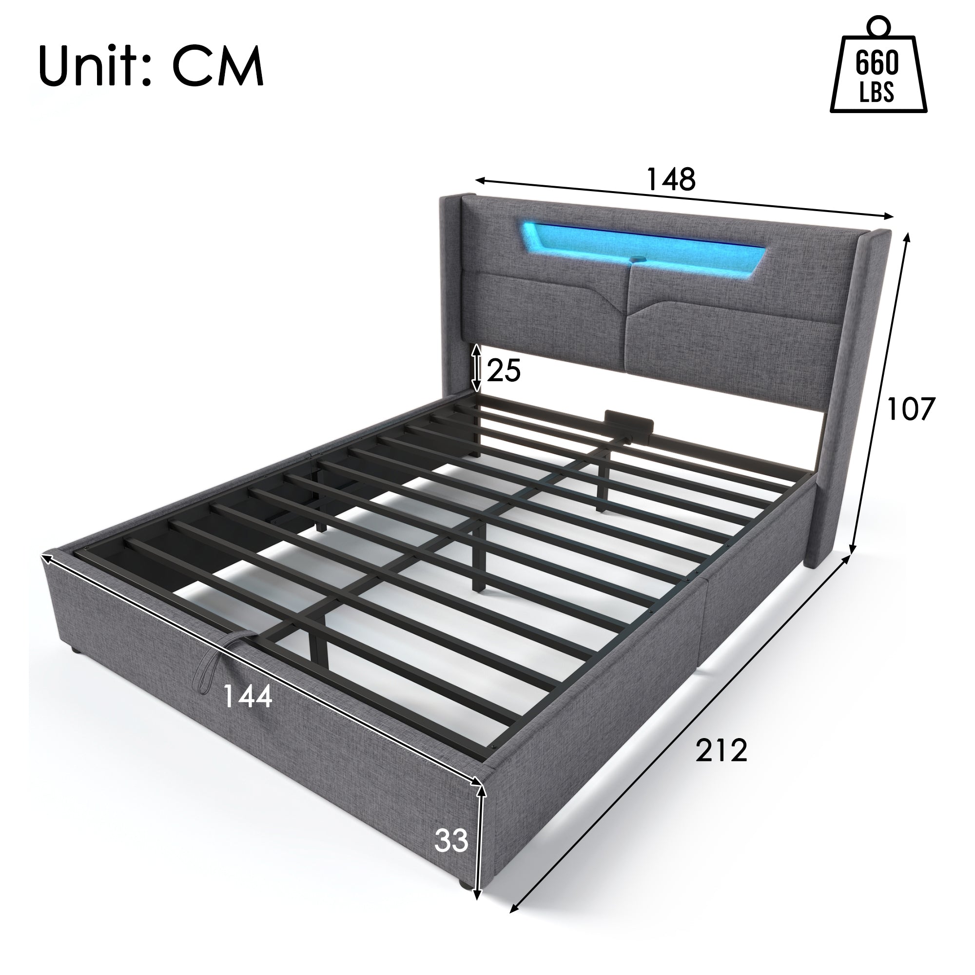 Logidon gestoffeerd bed LED tweepersoonsbed 140x200 grijs USB C oplaadfunctie