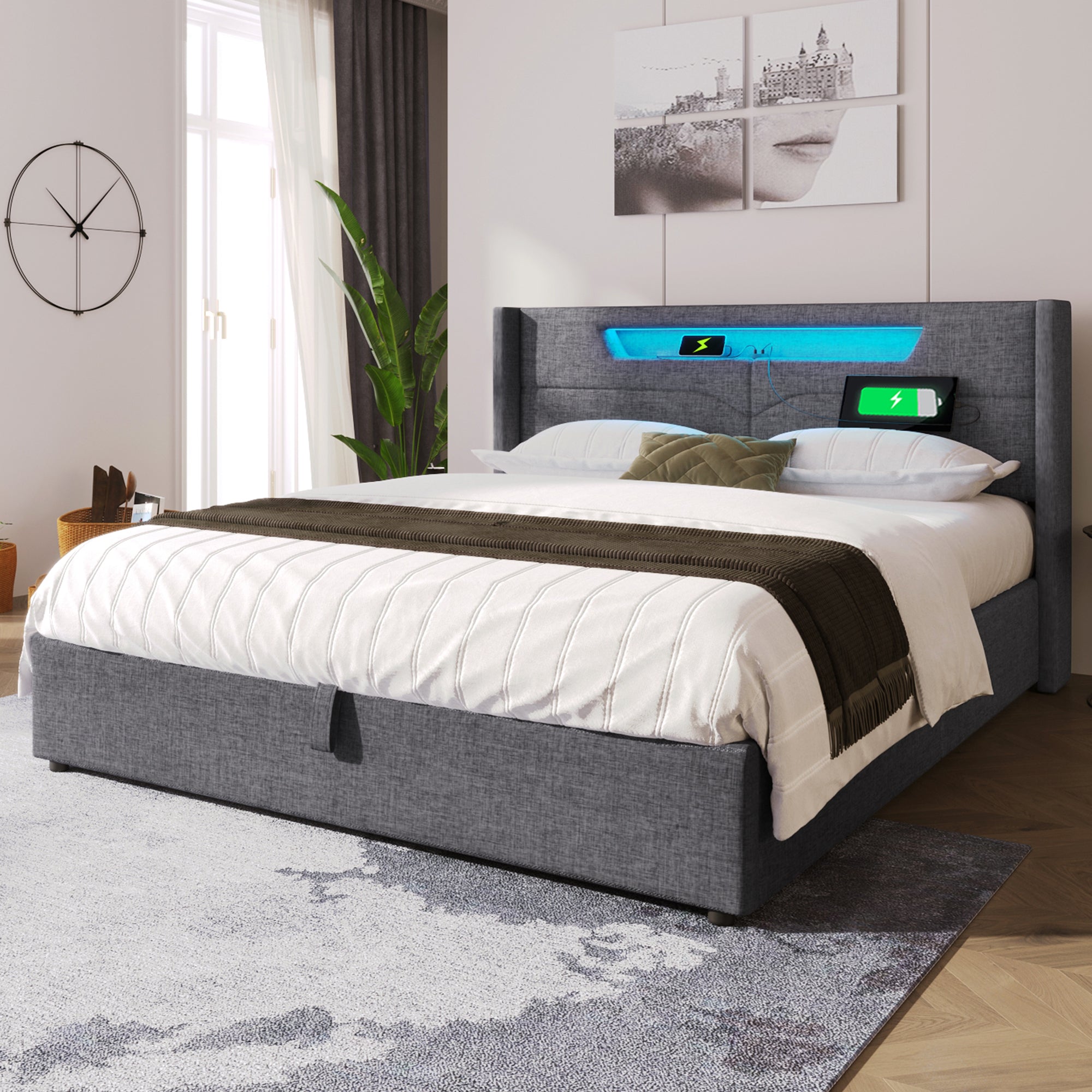 Logidon upholstered bed LED double bed 140x200 gray USB C charging function