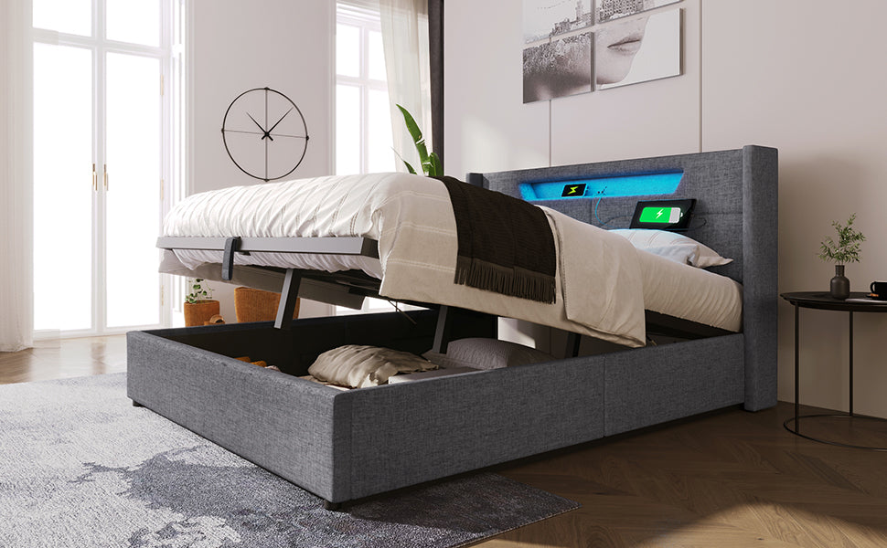 Logidon upholstered bed LED double bed 140x200 gray USB C charging function