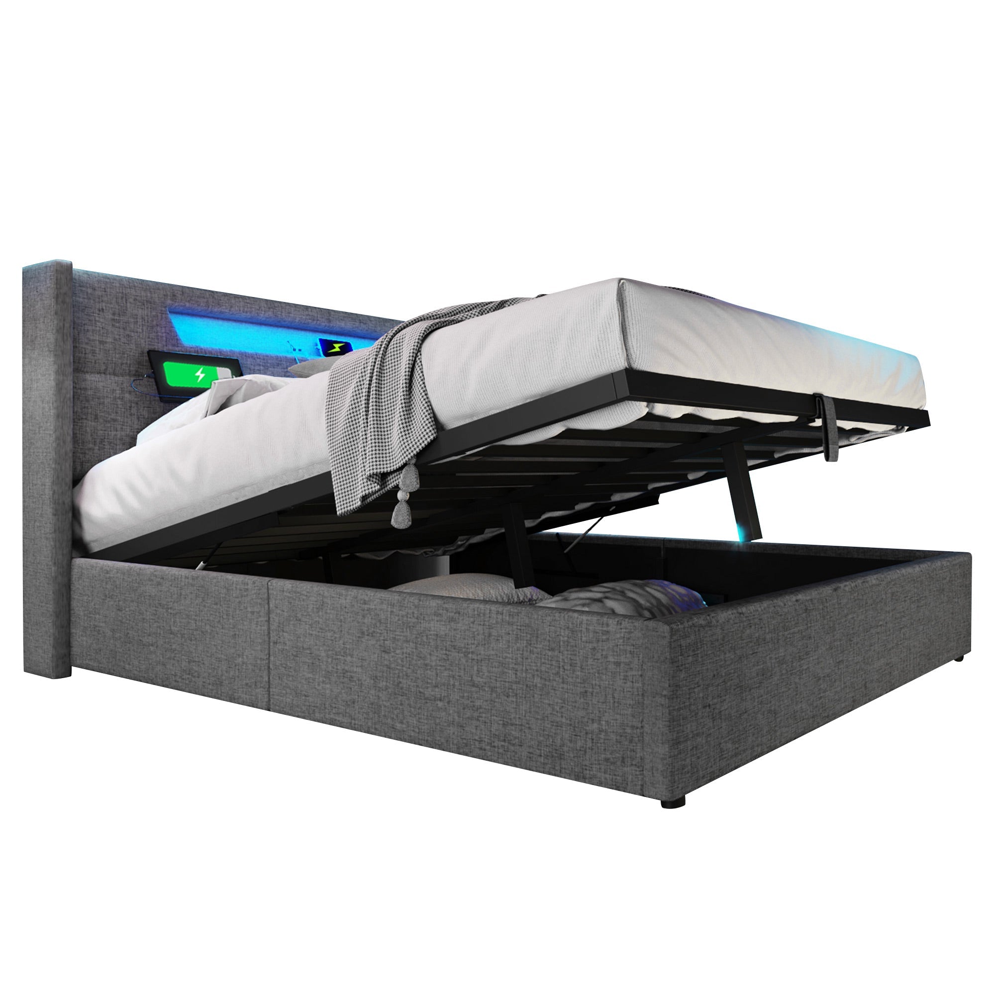 Logidon upholstered bed LED double bed 140x200 gray USB C charging function