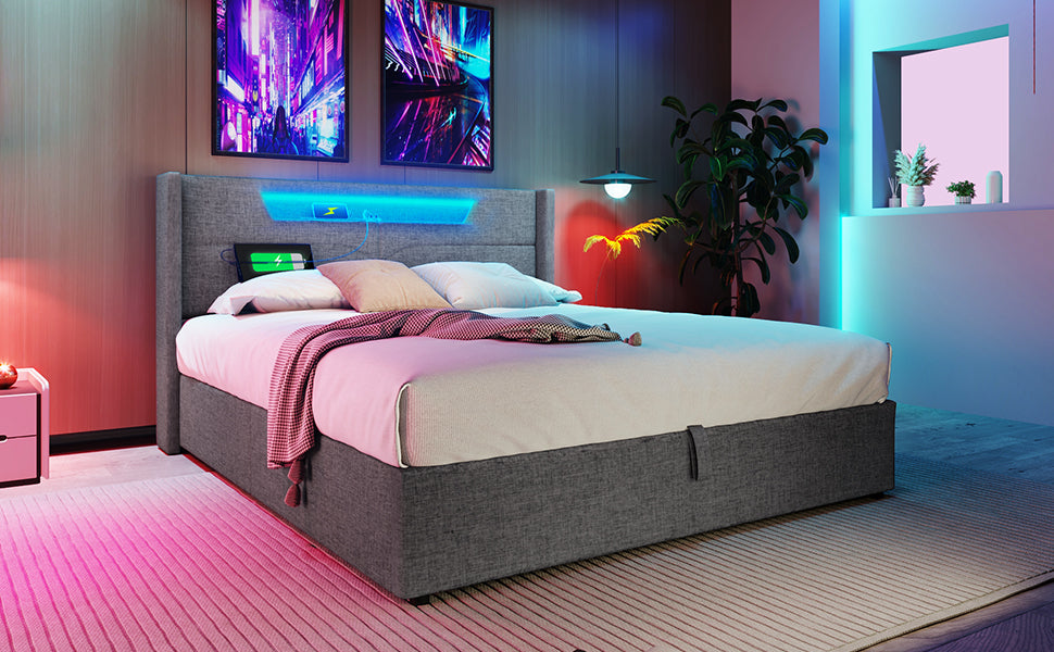 Logidon upholstered bed LED double bed 140x200 gray USB C charging function
