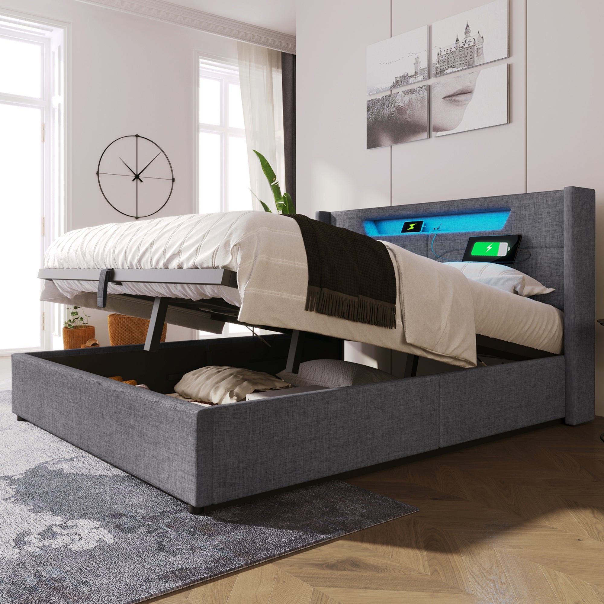 Logidon upholstered bed LED double bed 140x200 gray USB C charging function