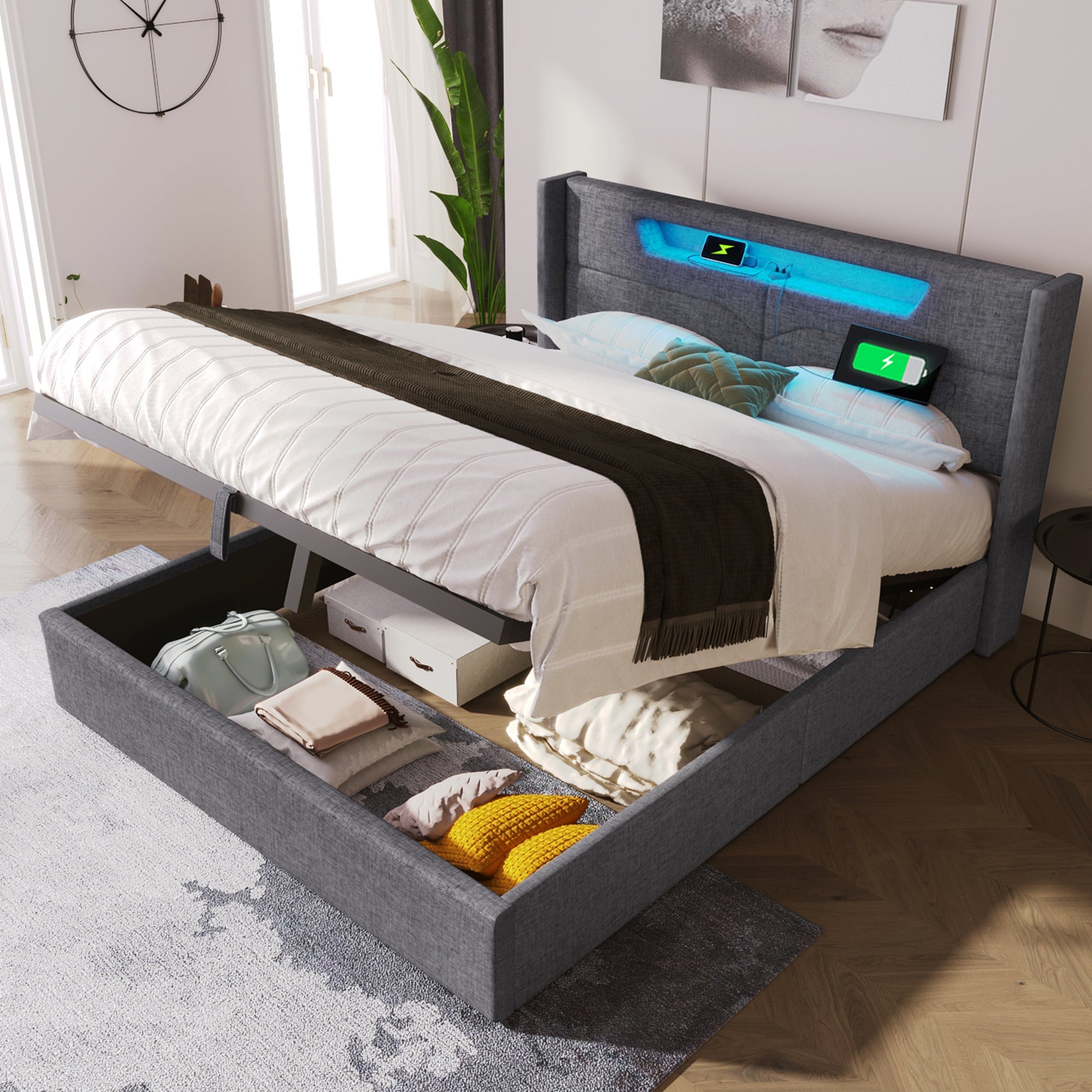 Logidon upholstered bed LED double bed 140x200 gray USB C charging function