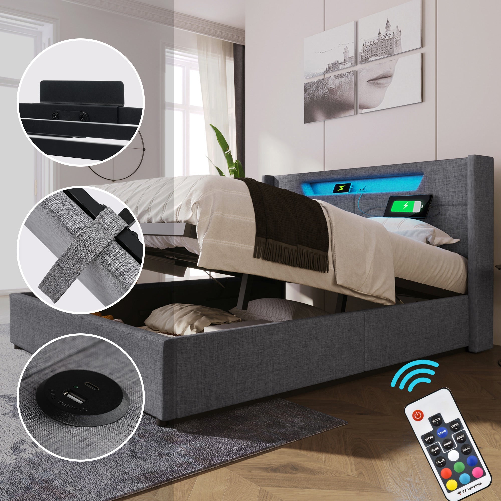 Logidon upholstered bed LED double bed 140x200 gray USB C charging function