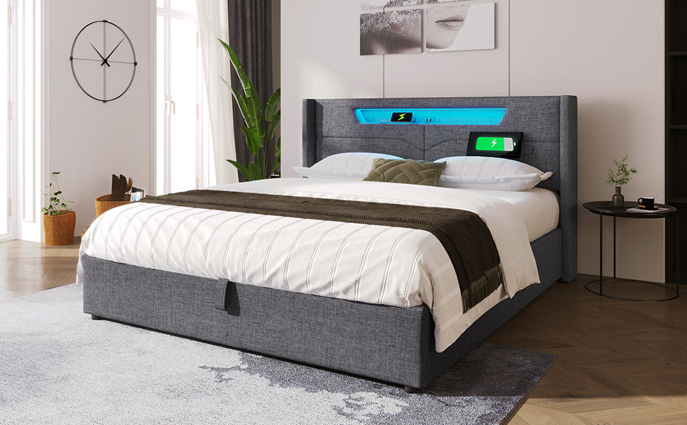 Logidon upholstered bed LED double bed 140x200 gray USB C charging function
