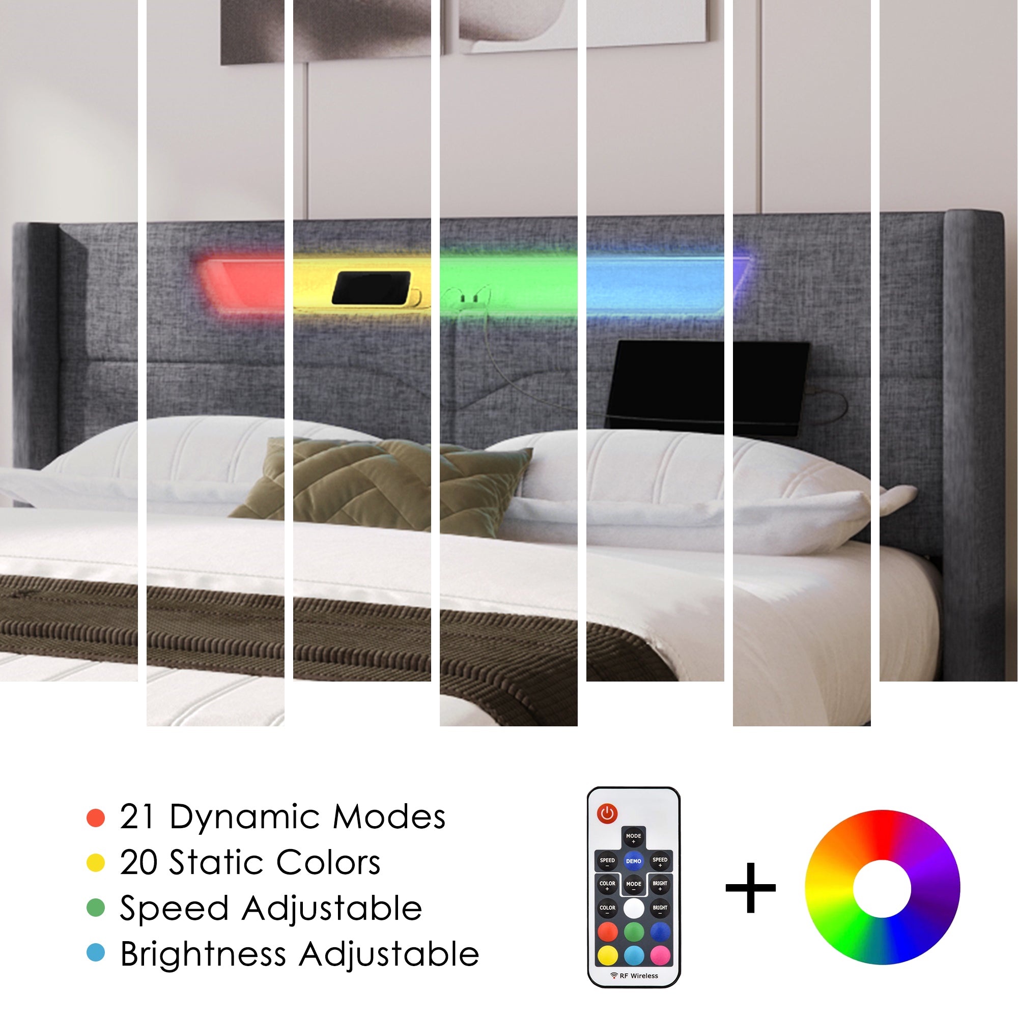 Logidon upholstered bed LED double bed 140x200 gray USB C charging function