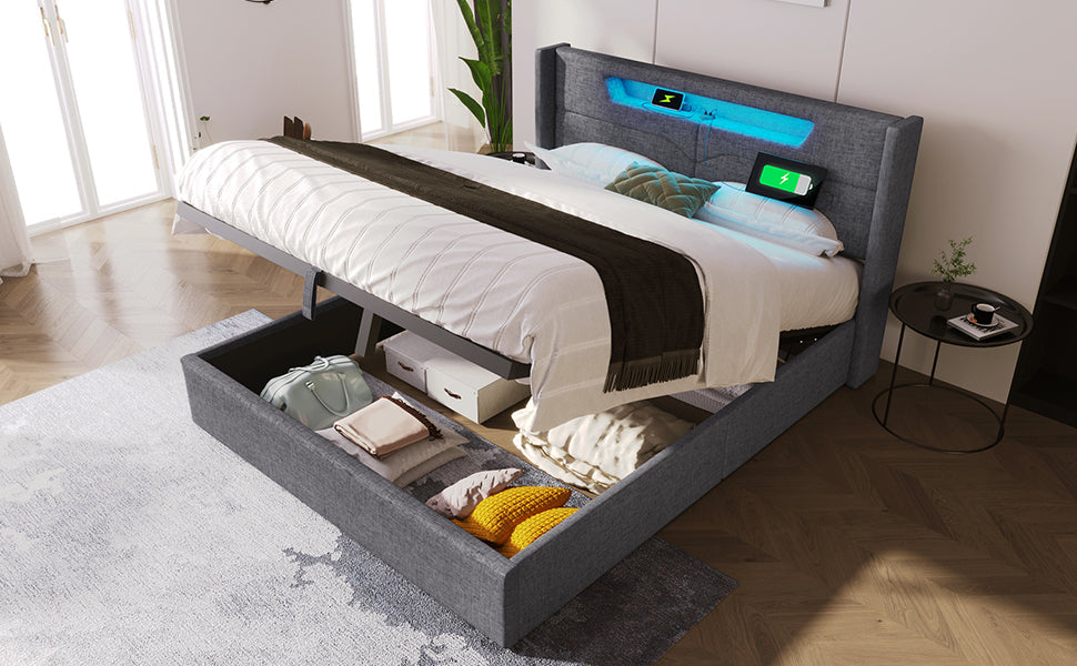 Logidon upholstered bed LED double bed 140x200 gray USB C charging function