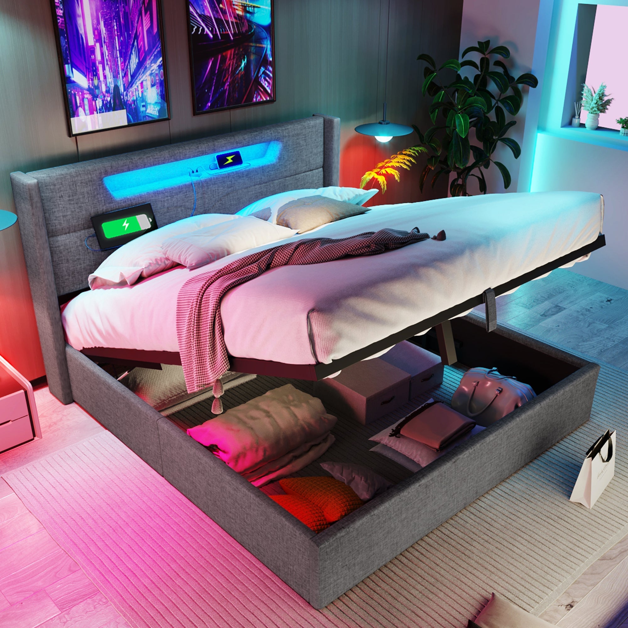 Logidon upholstered bed LED double bed 140x200 gray USB C charging function