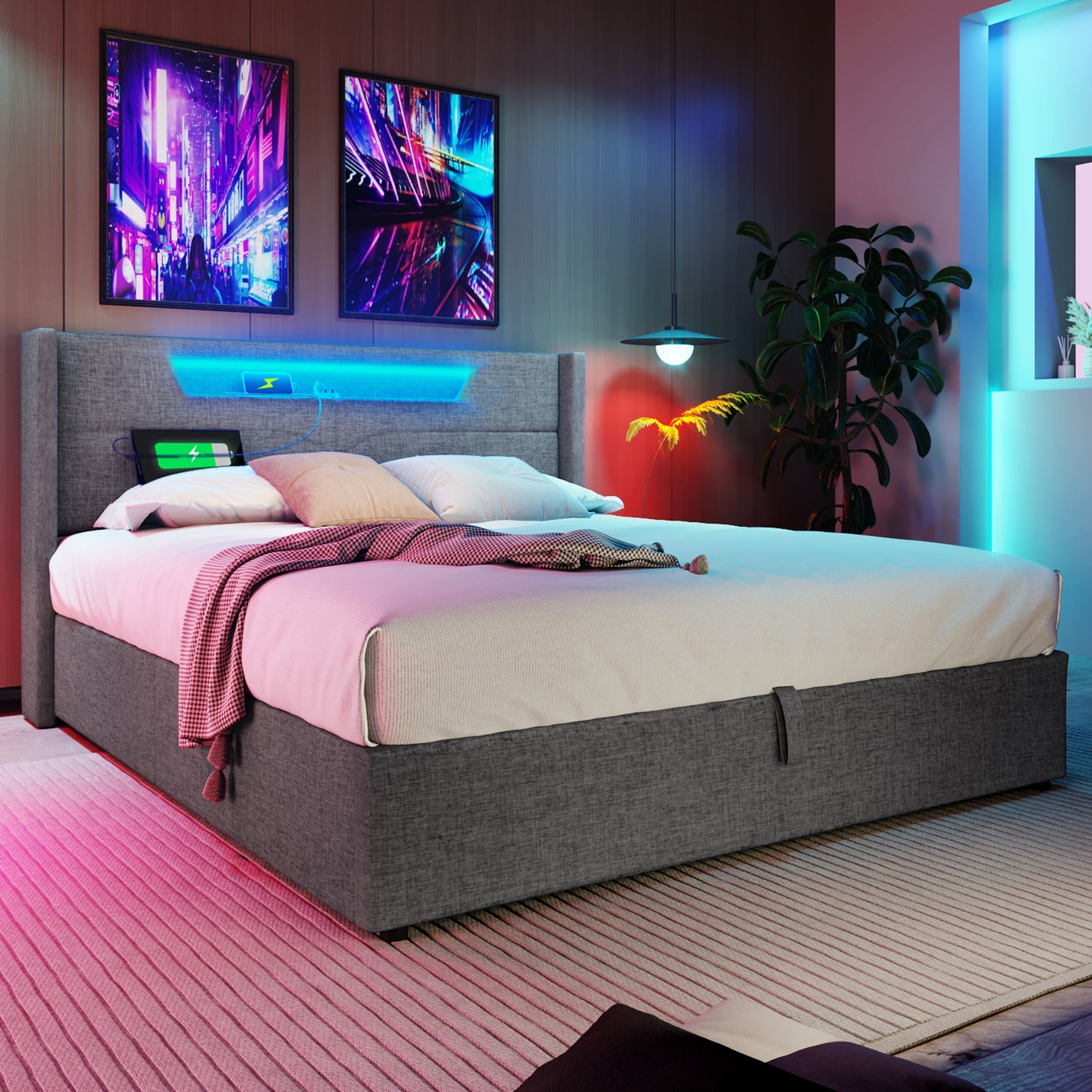 Logidon upholstered bed LED double bed 140x200 gray USB C charging function