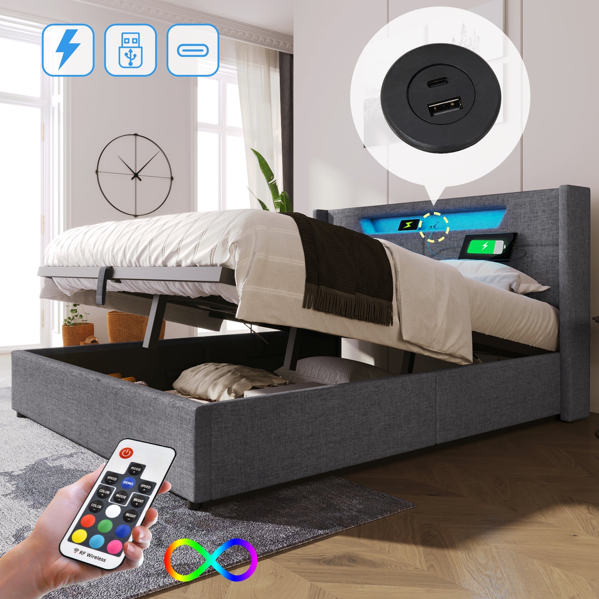 Logidon upholstered bed LED double bed 140x200 gray USB C charging function