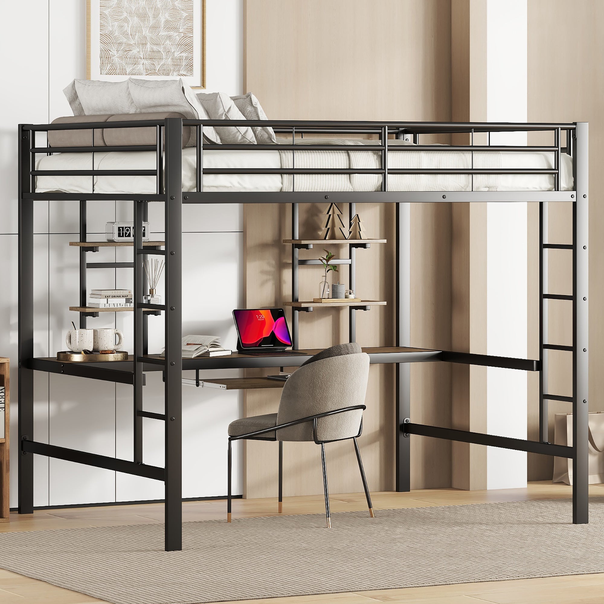 Logidon metalen hoogslaper 140x200cm met bureau en boekenplanken