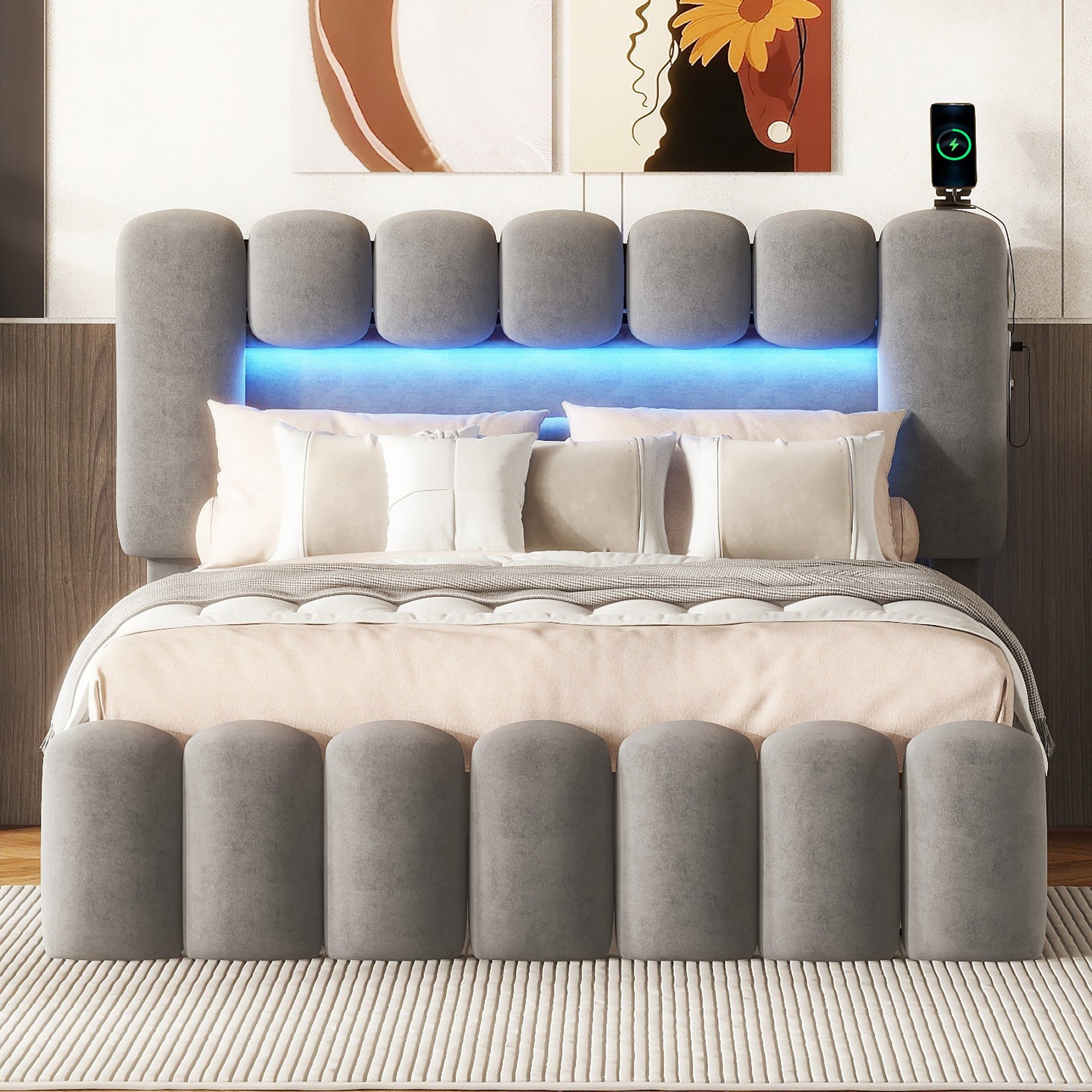Logidon gestoffeerd bed 140x200 grijs met LED lichtstrip en 4 lades
