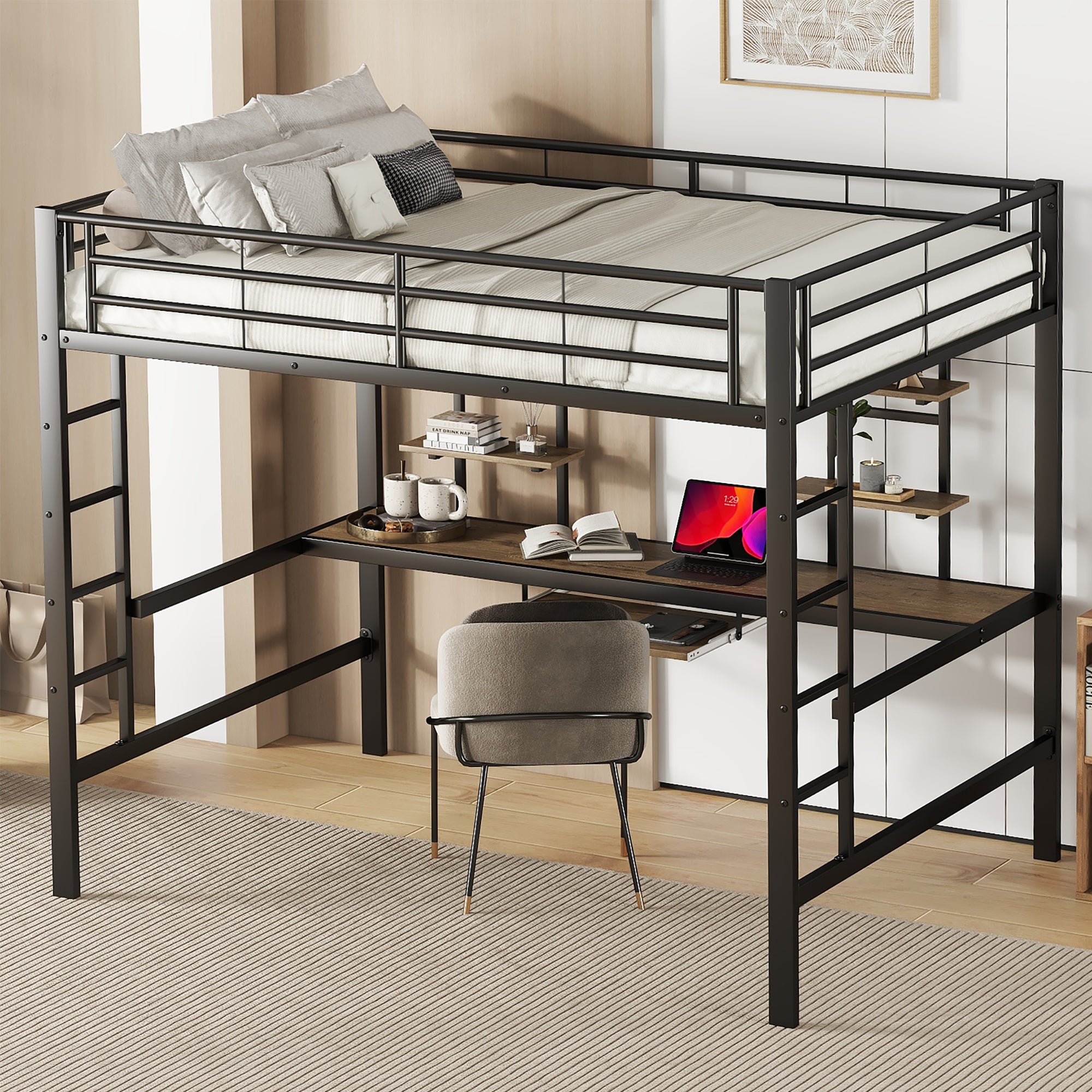 Logidon metalen hoogslaper 140x200cm met bureau en boekenplanken