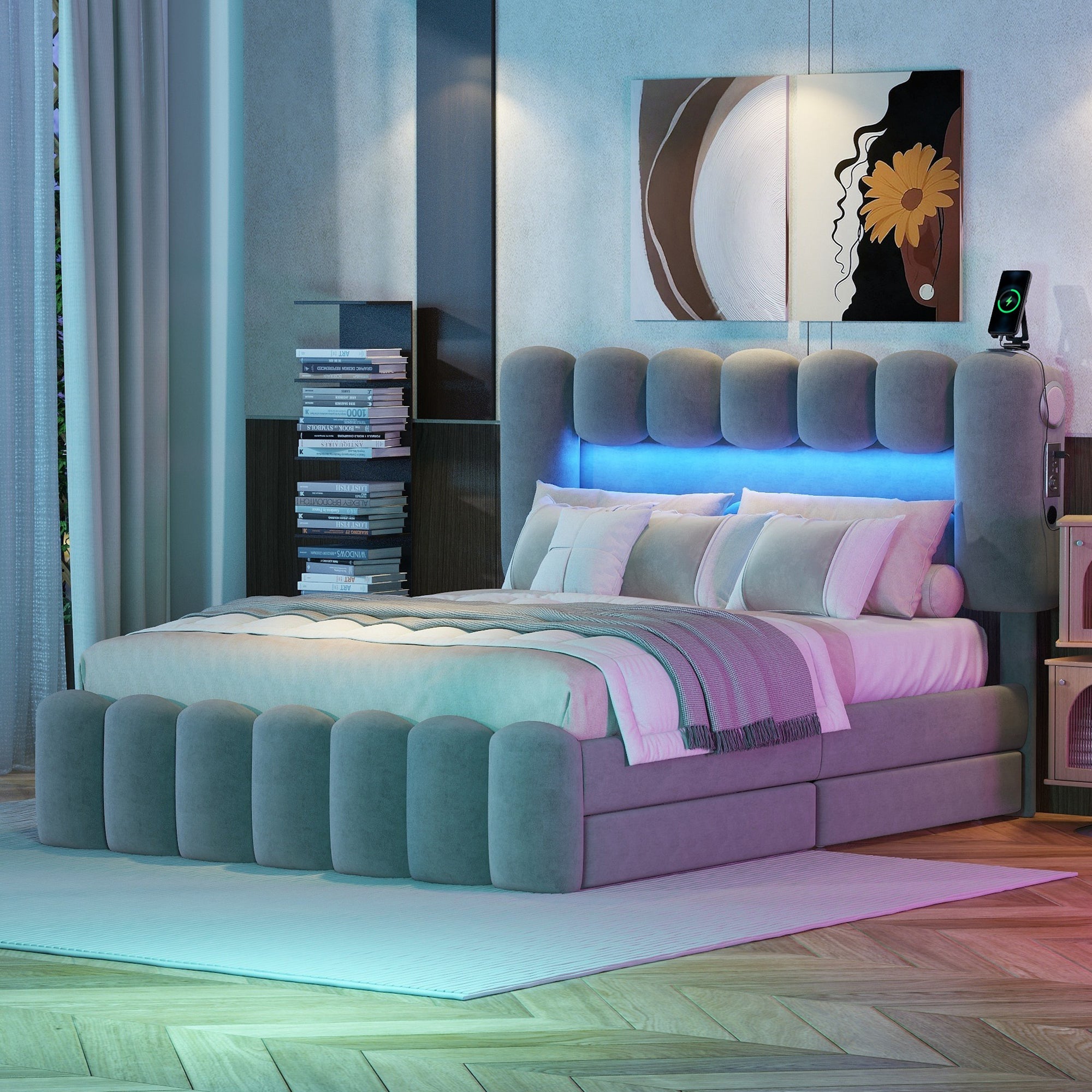 Logidon gestoffeerd bed 140x200 grijs met LED lichtstrip en 4 lades