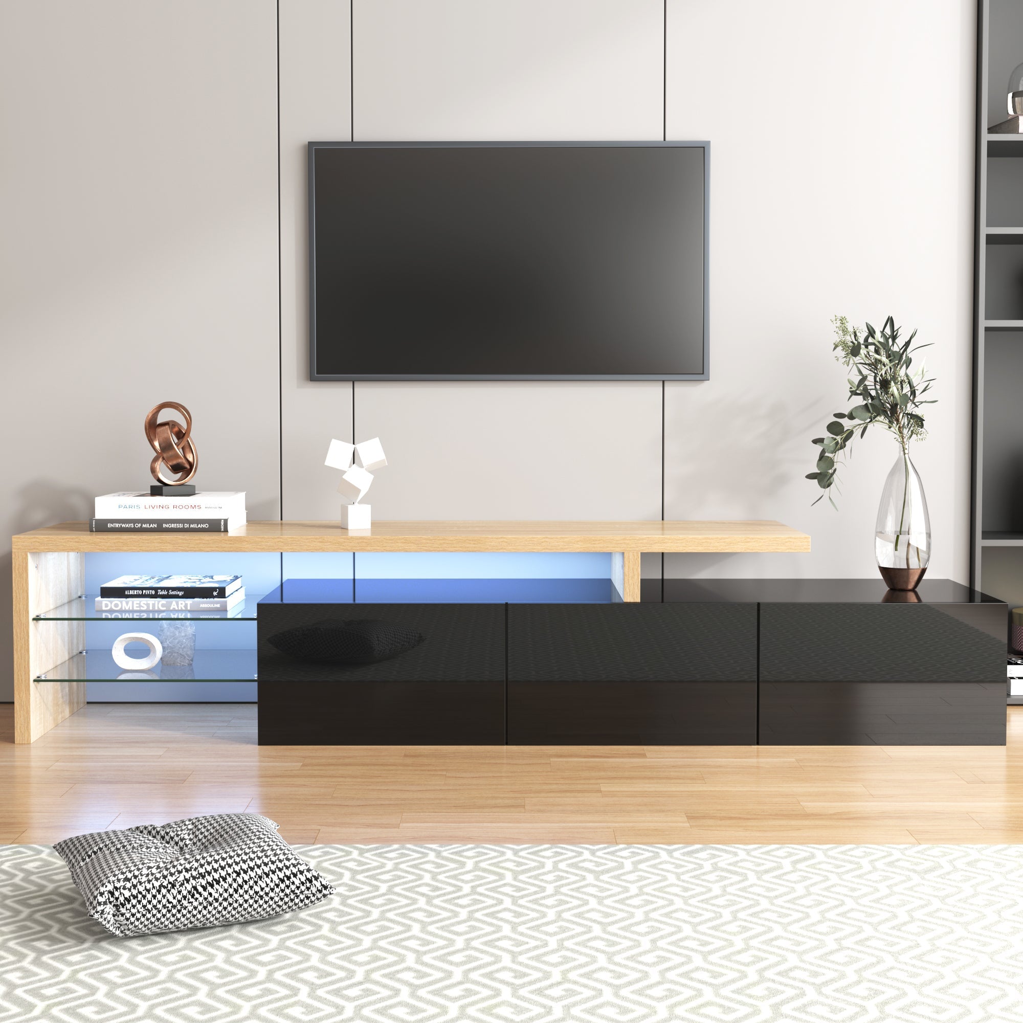 Logidon Modern TV-meubel 197,5 centimeter hoogglans zwarte LED-verlichting