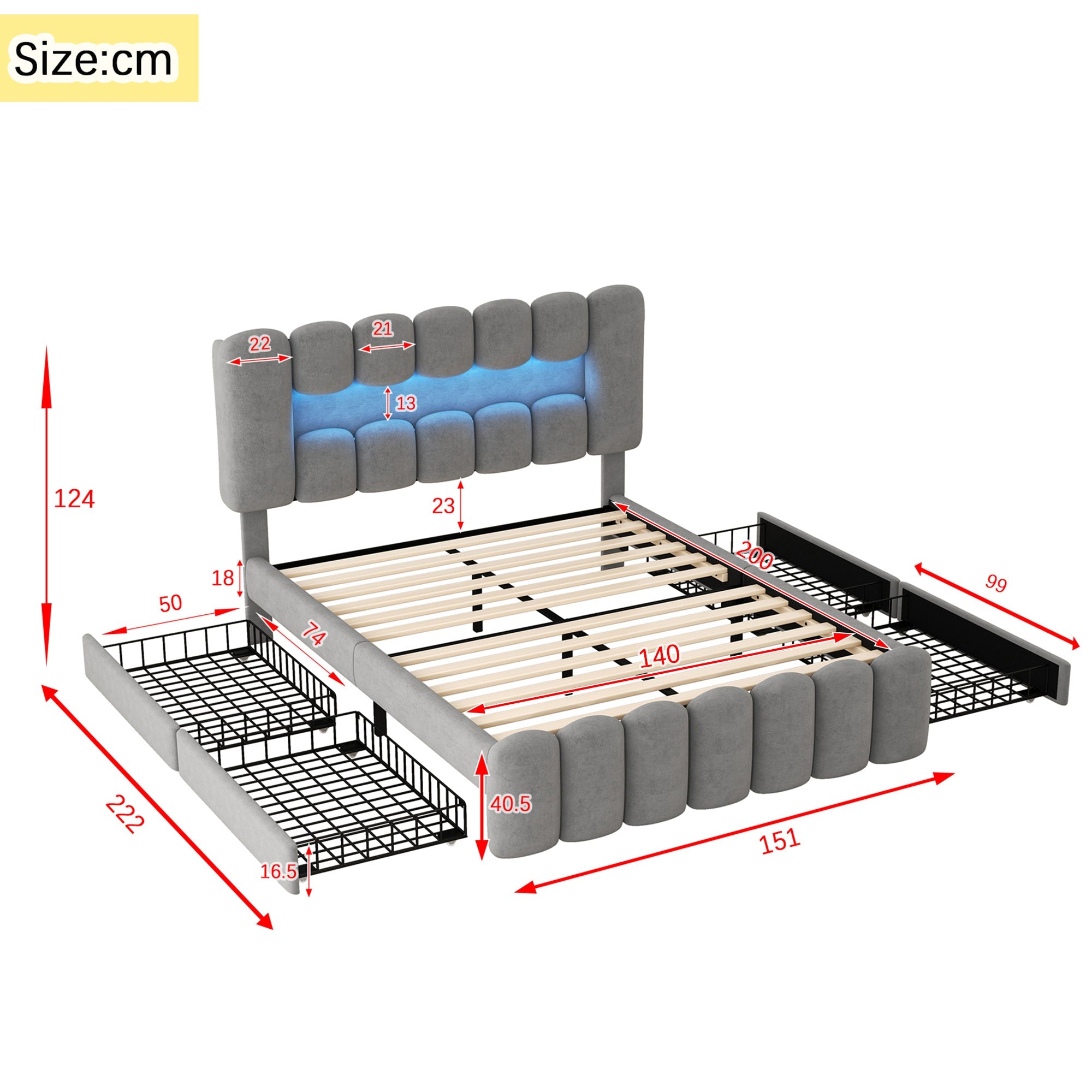Logidon gestoffeerd bed 140x200 grijs met LED lichtstrip en 4 lades