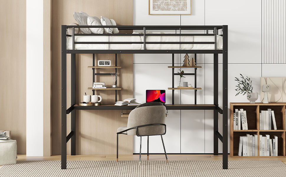 Logidon metalen hoogslaper 140x200cm met bureau en boekenplanken