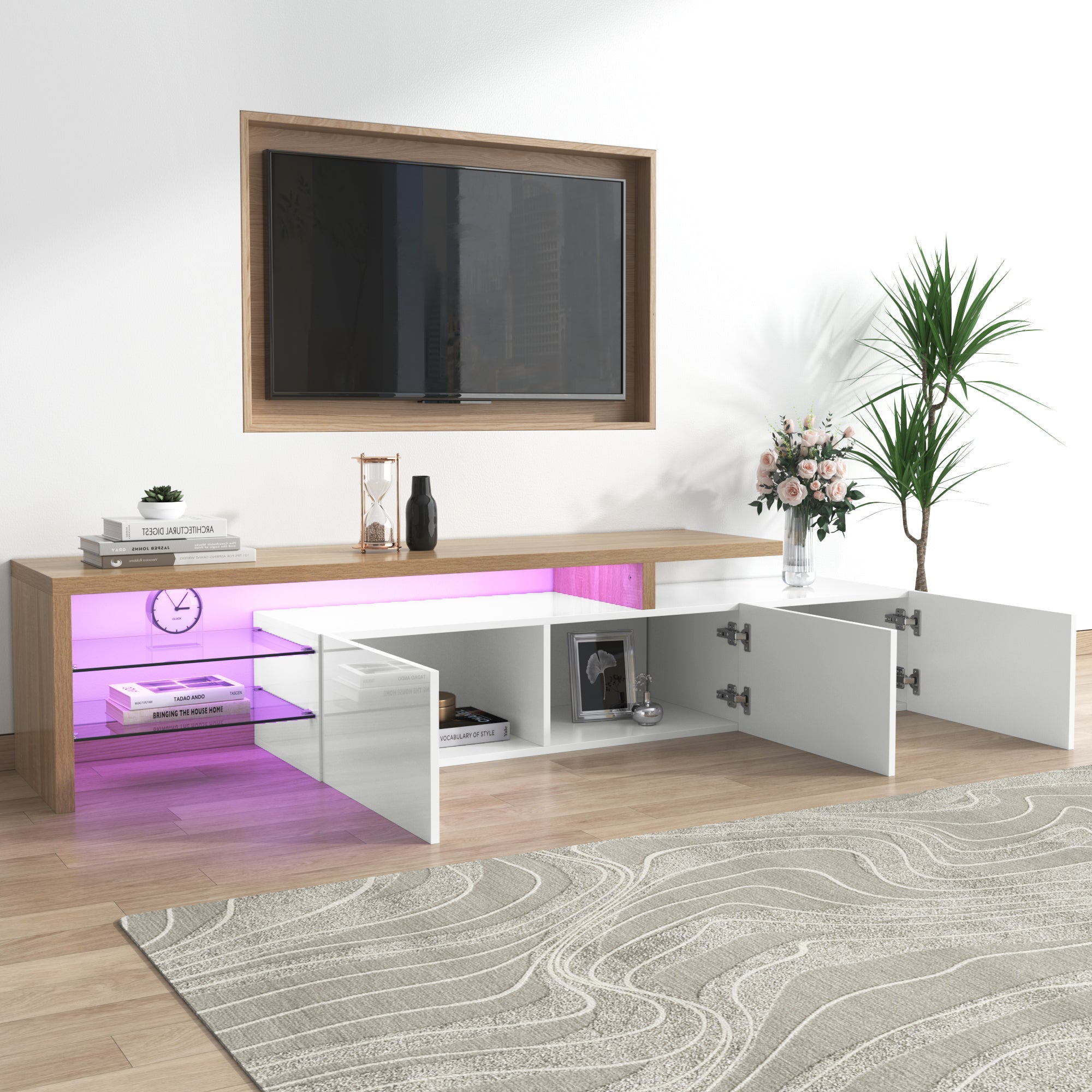 Logidon TV-meubel modern design hoogglans wit houtlook LED