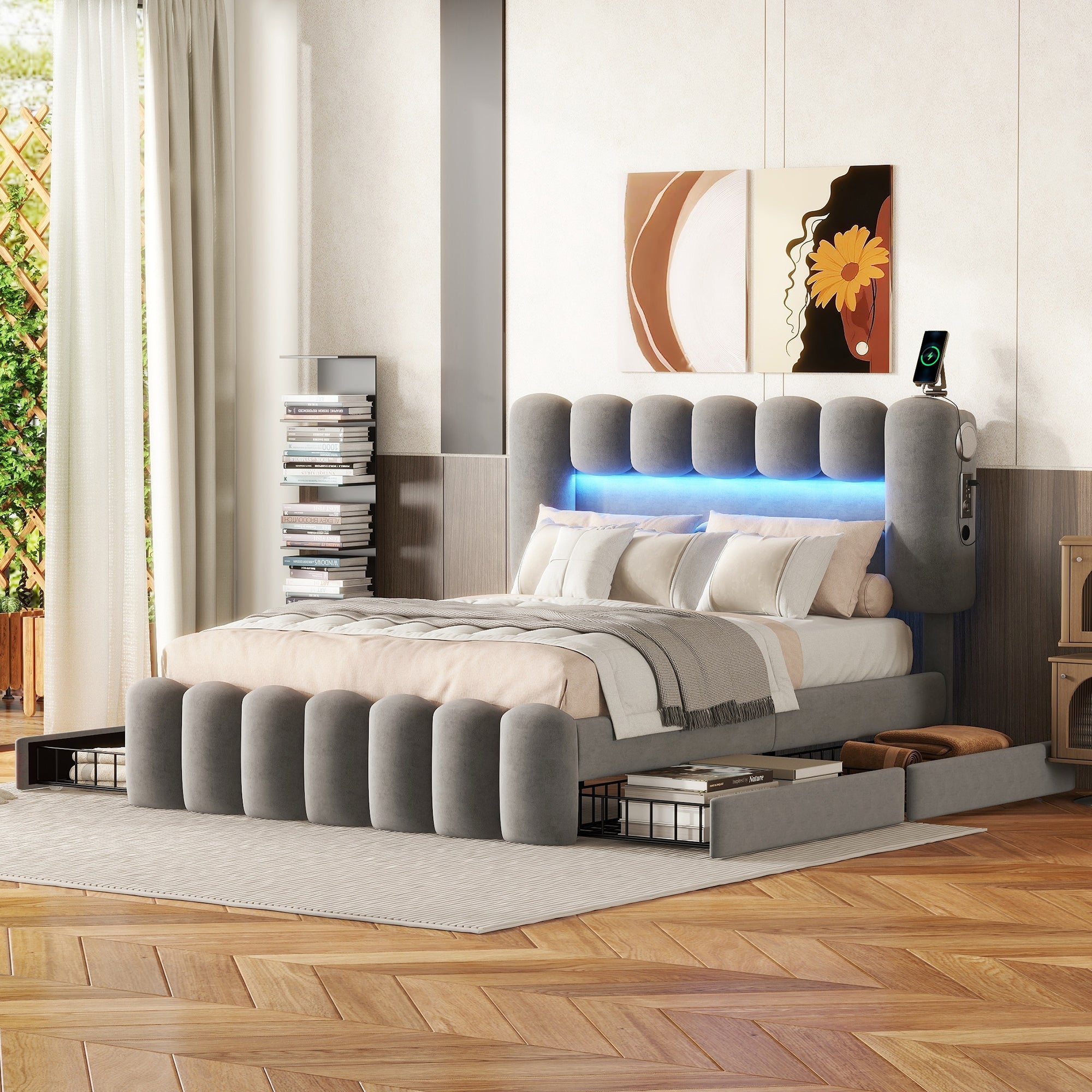 Logidon gestoffeerd bed 140x200 grijs met LED lichtstrip en 4 lades