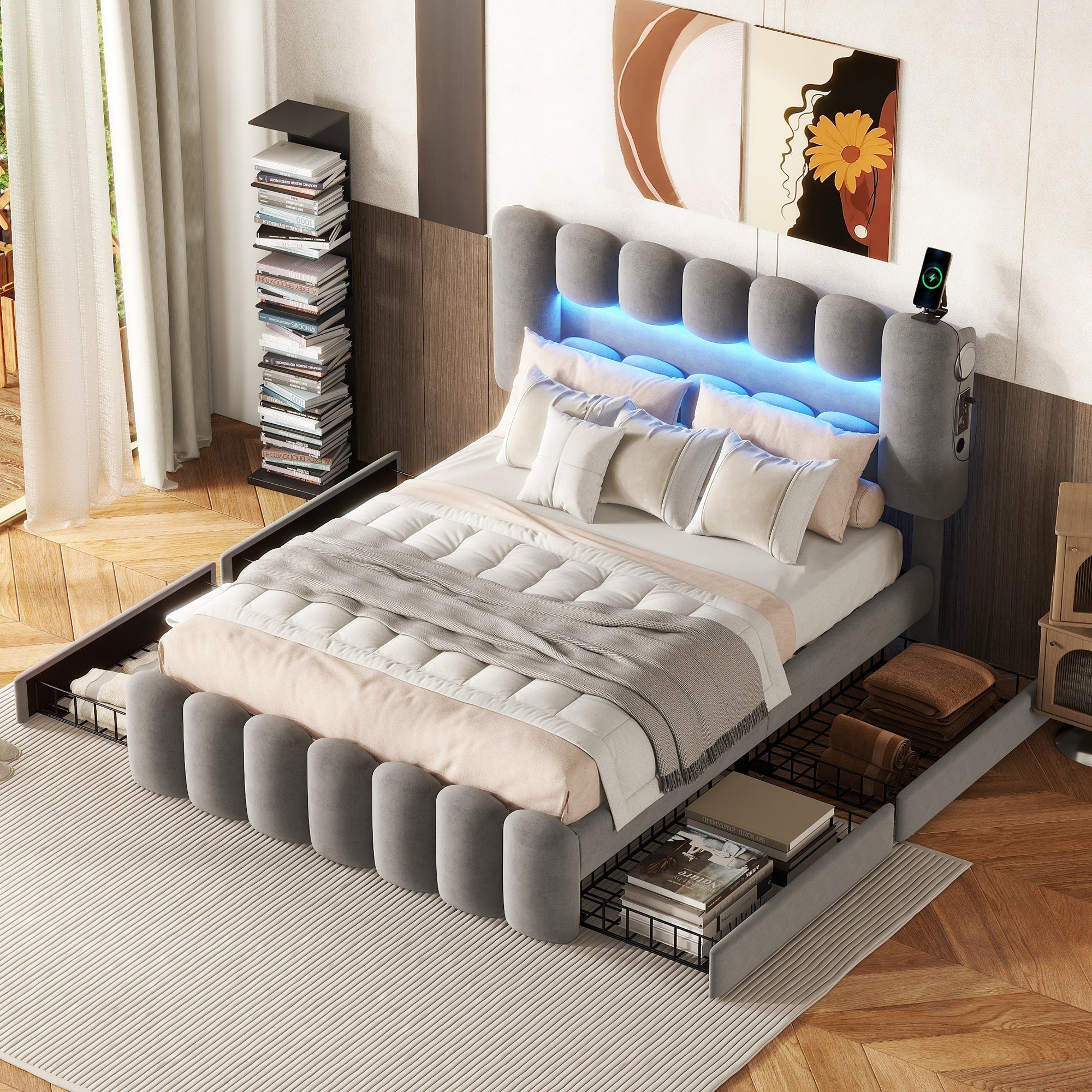 Logidon gestoffeerd bed 140x200 grijs met LED lichtstrip en 4 lades