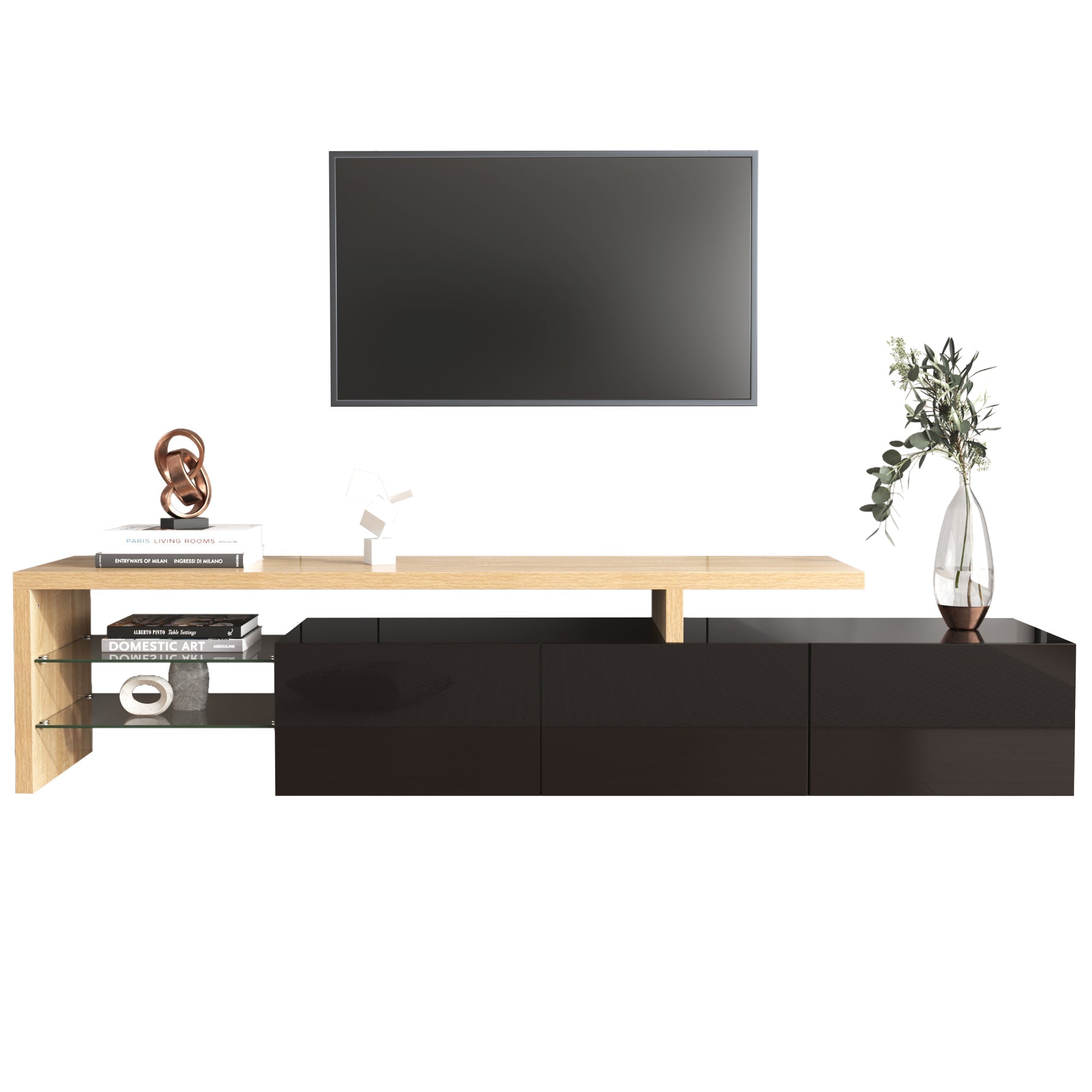 Logidon Modern TV-meubel 197,5 centimeter hoogglans zwarte LED-verlichting