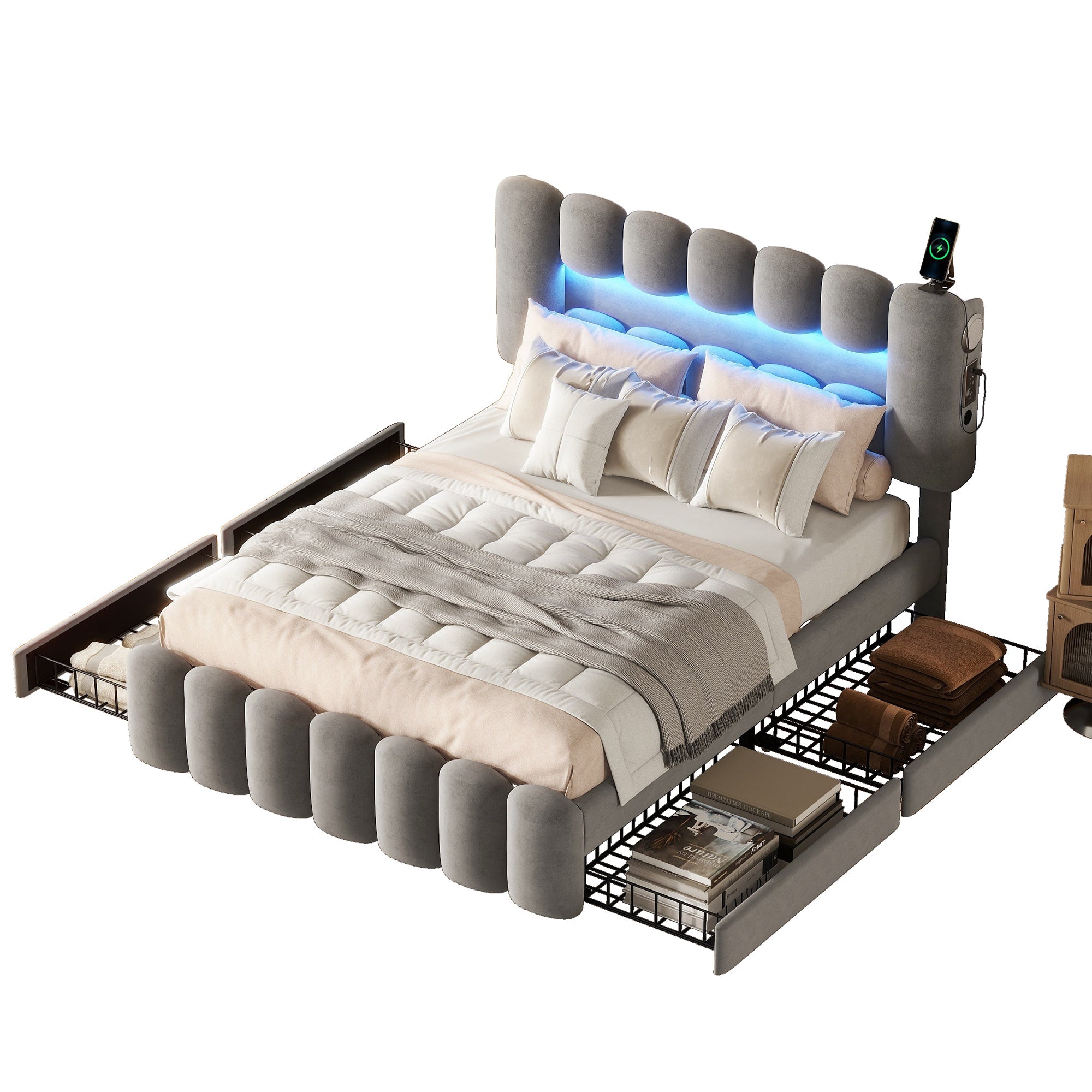 Logidon gestoffeerd bed 140x200 grijs met LED lichtstrip en 4 lades
