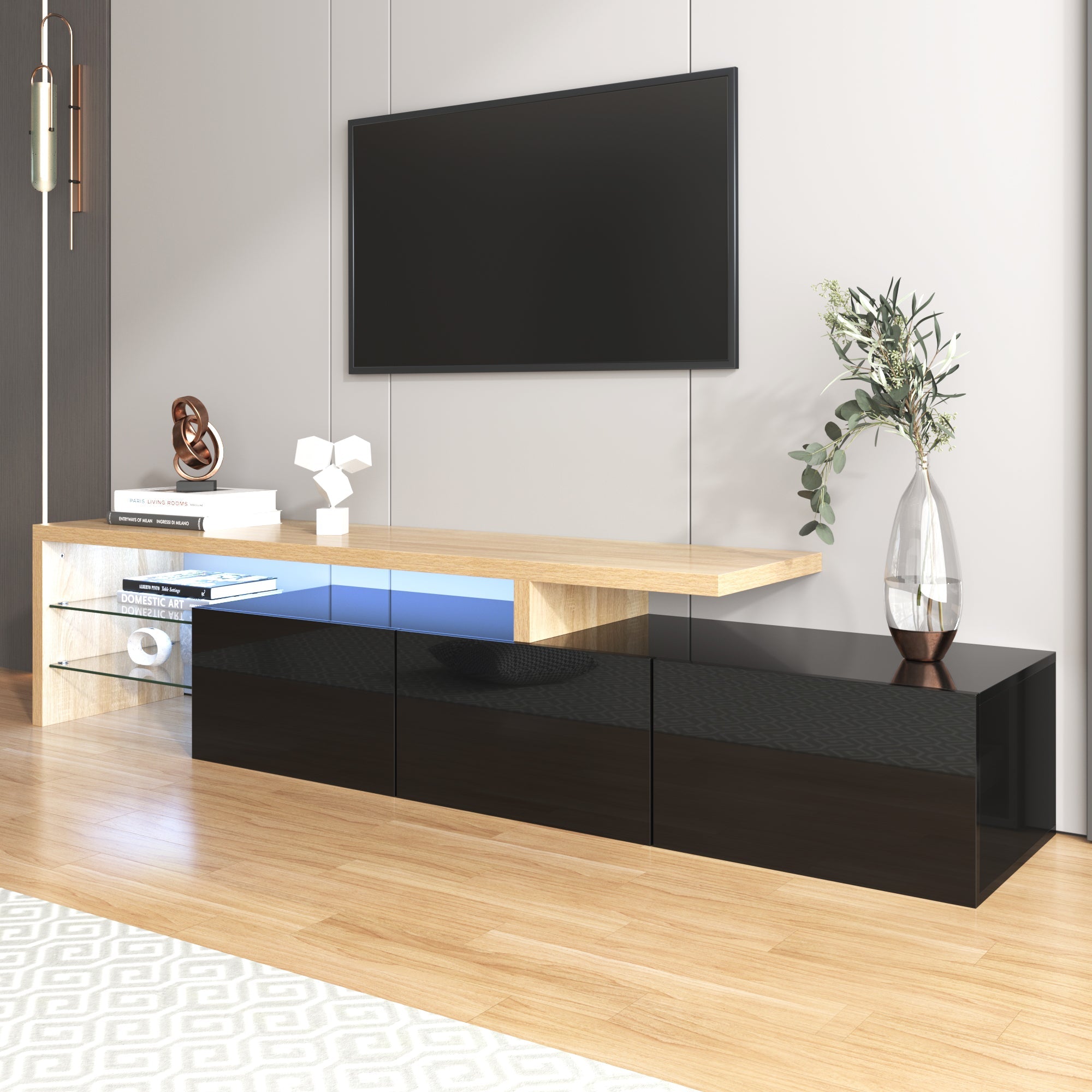 Logidon Modern TV-meubel 197,5 centimeter hoogglans zwarte LED-verlichting