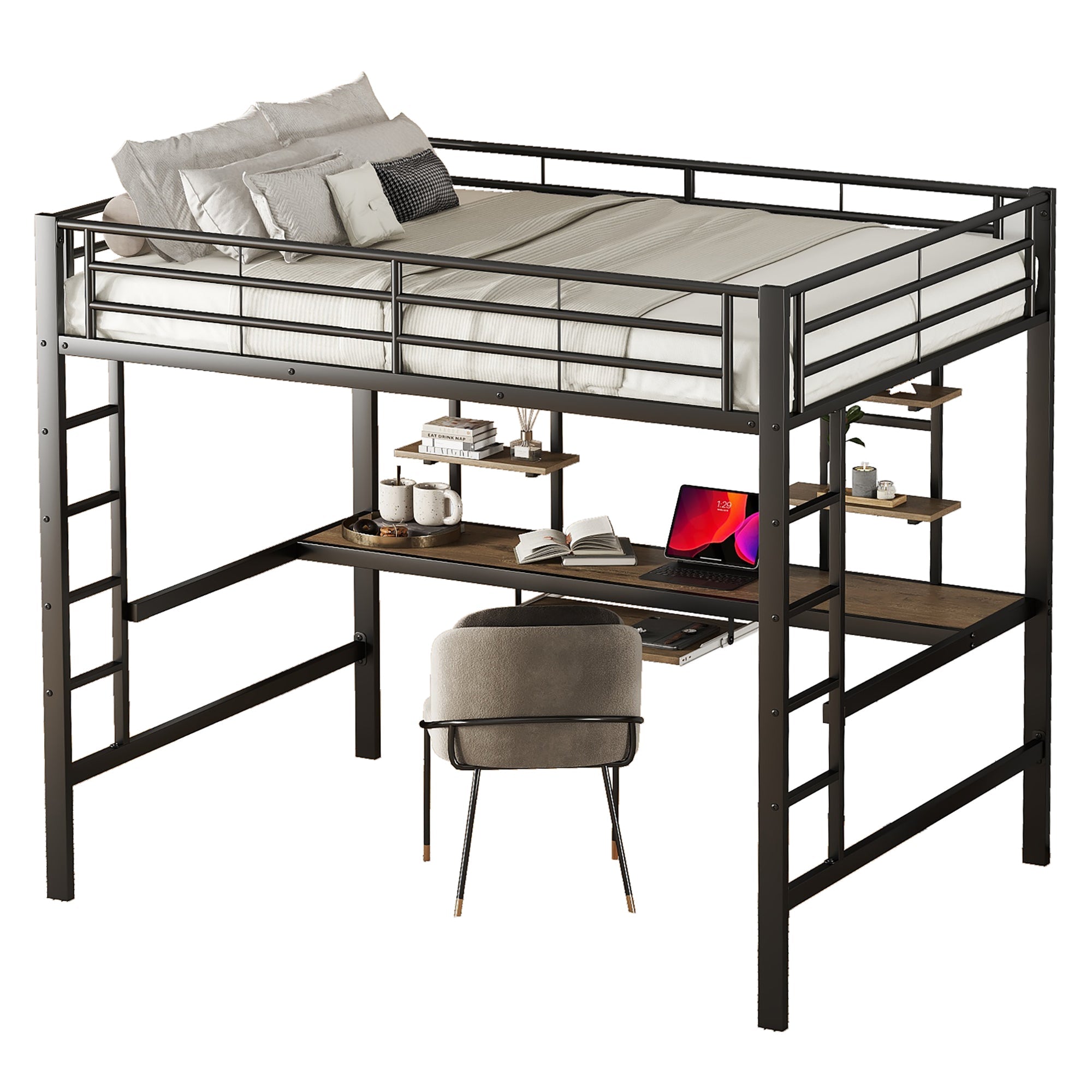 Logidon metalen hoogslaper 140x200cm met bureau en boekenplanken