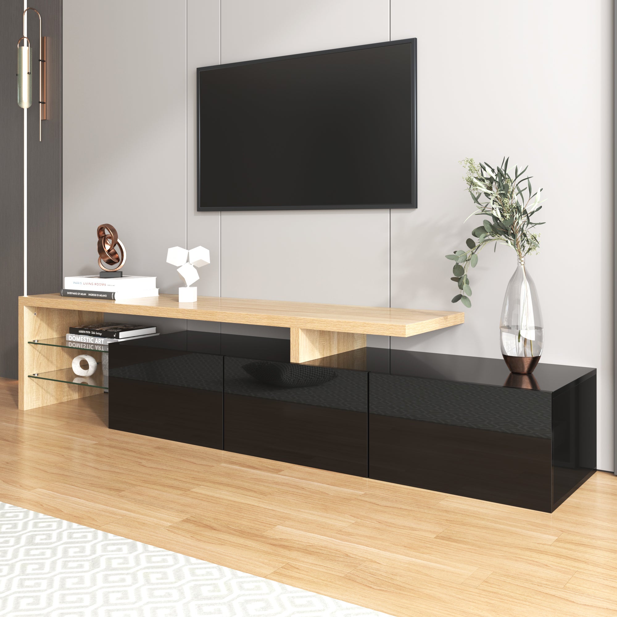Logidon Modern TV-meubel 197,5 centimeter hoogglans zwarte LED-verlichting