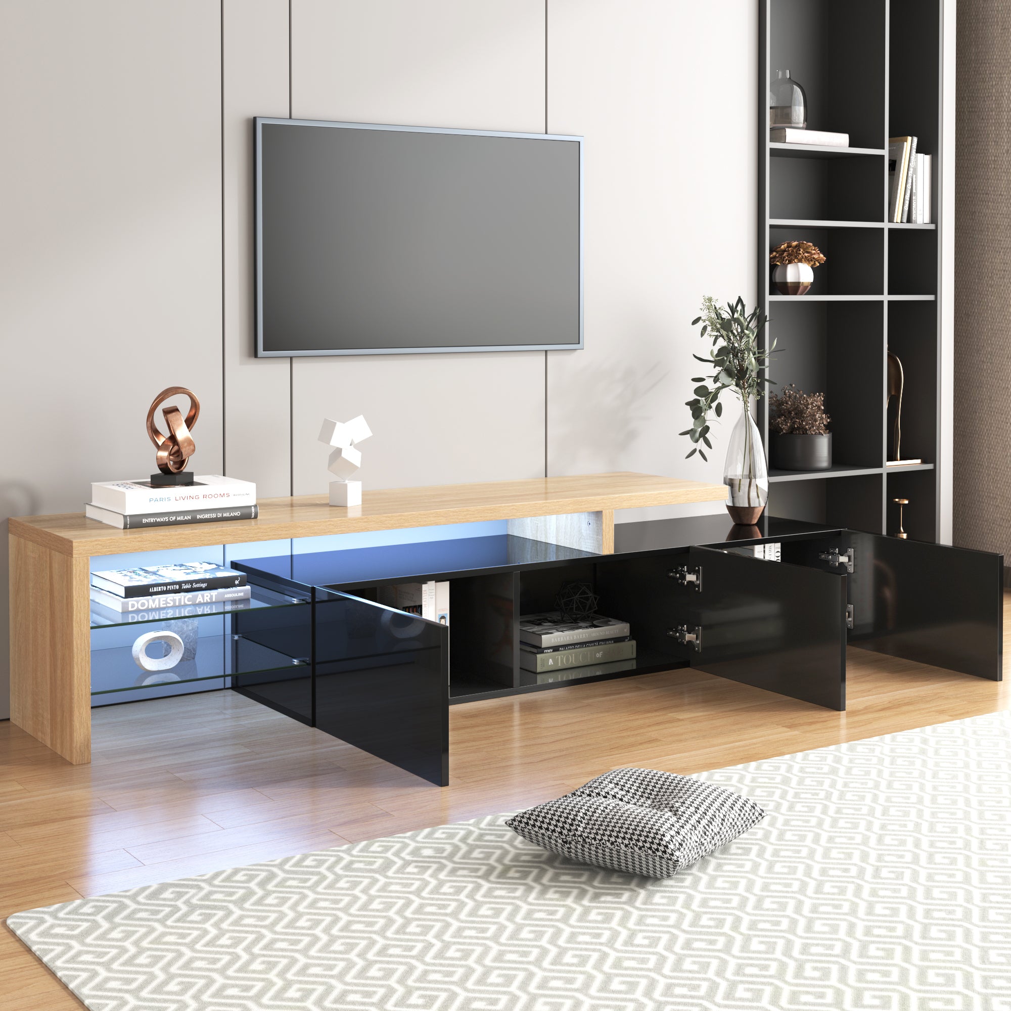 Logidon Modern TV-meubel 197,5 centimeter hoogglans zwarte LED-verlichting
