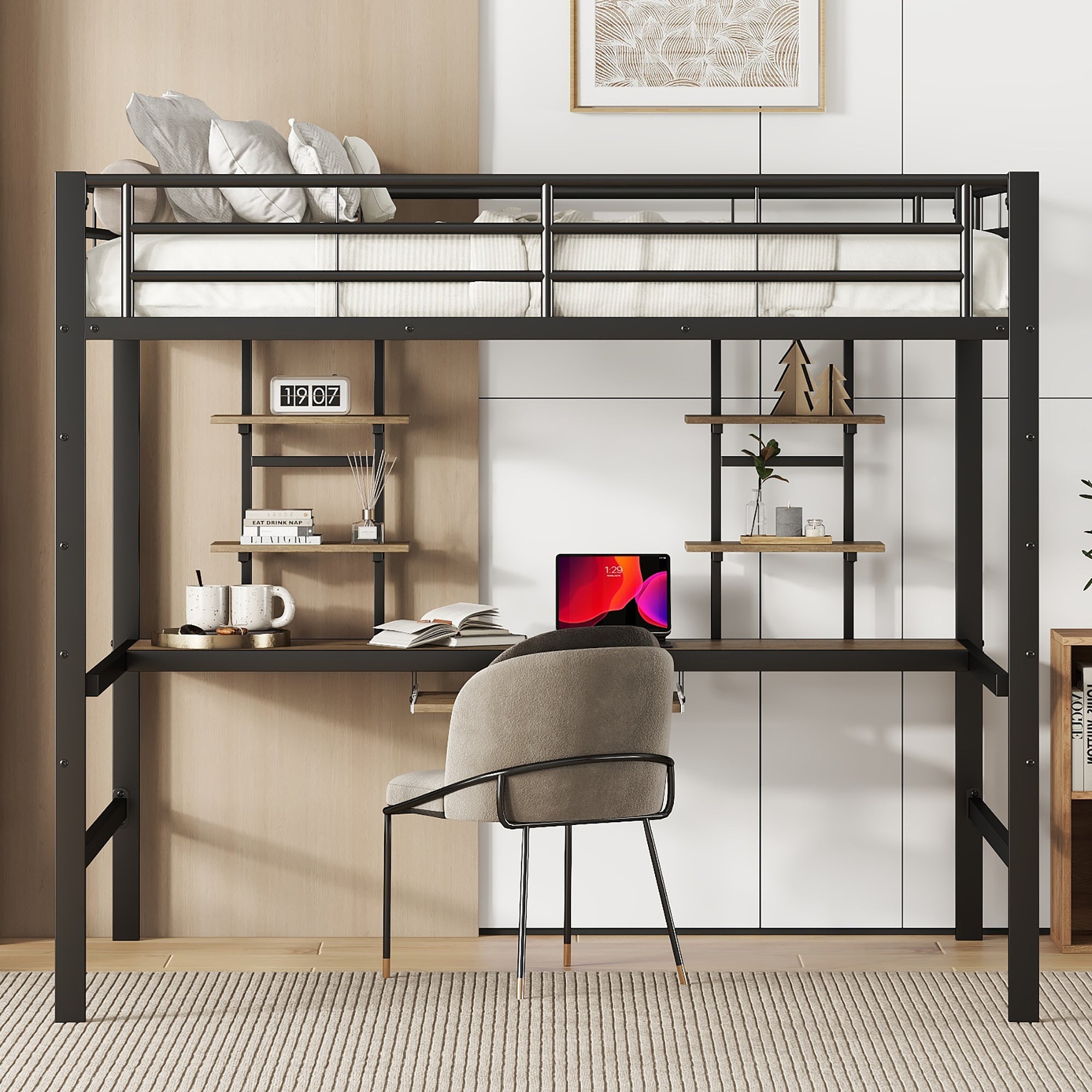Logidon metalen hoogslaper 140x200cm met bureau en boekenplanken