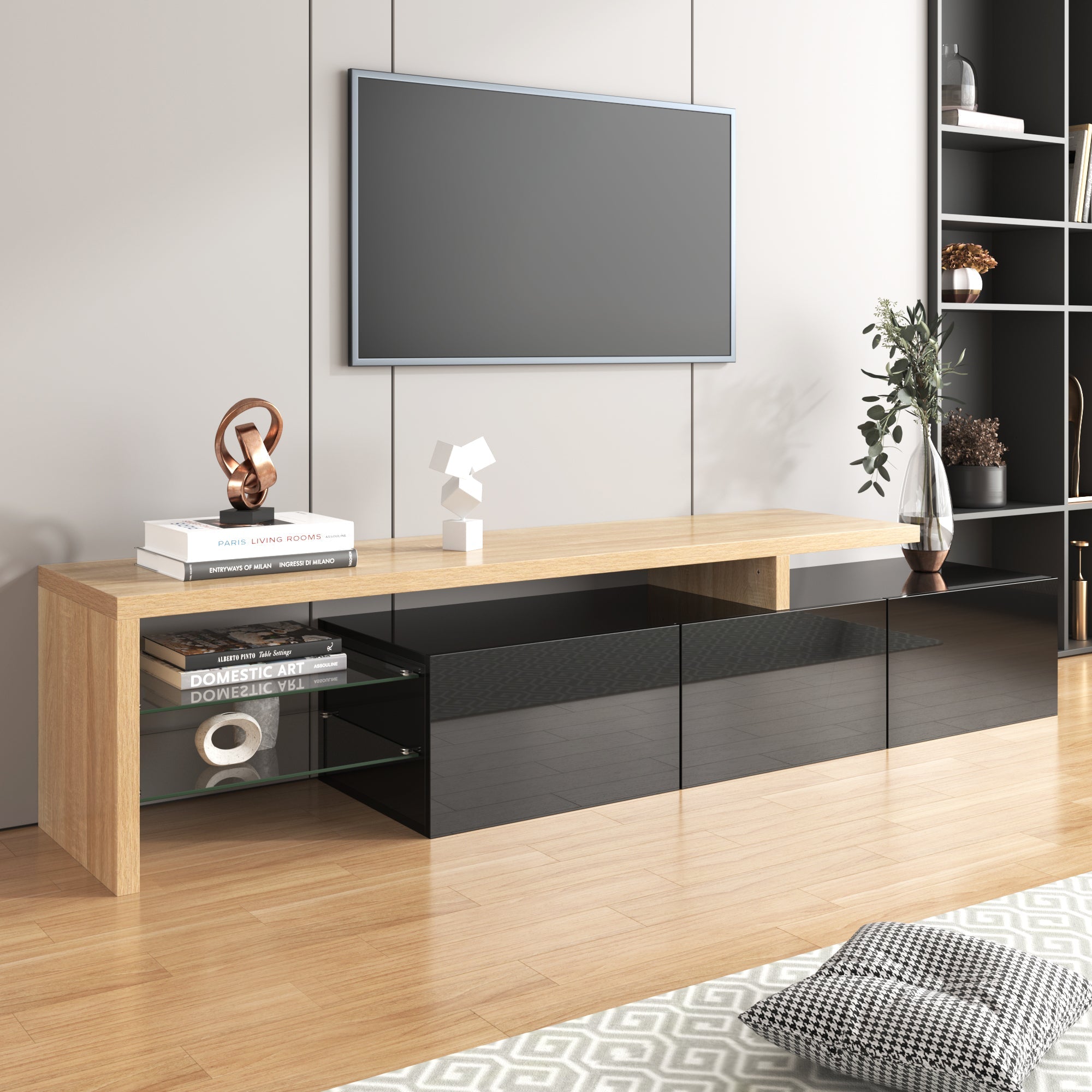 Logidon Modern TV-meubel 197,5 centimeter hoogglans zwarte LED-verlichting