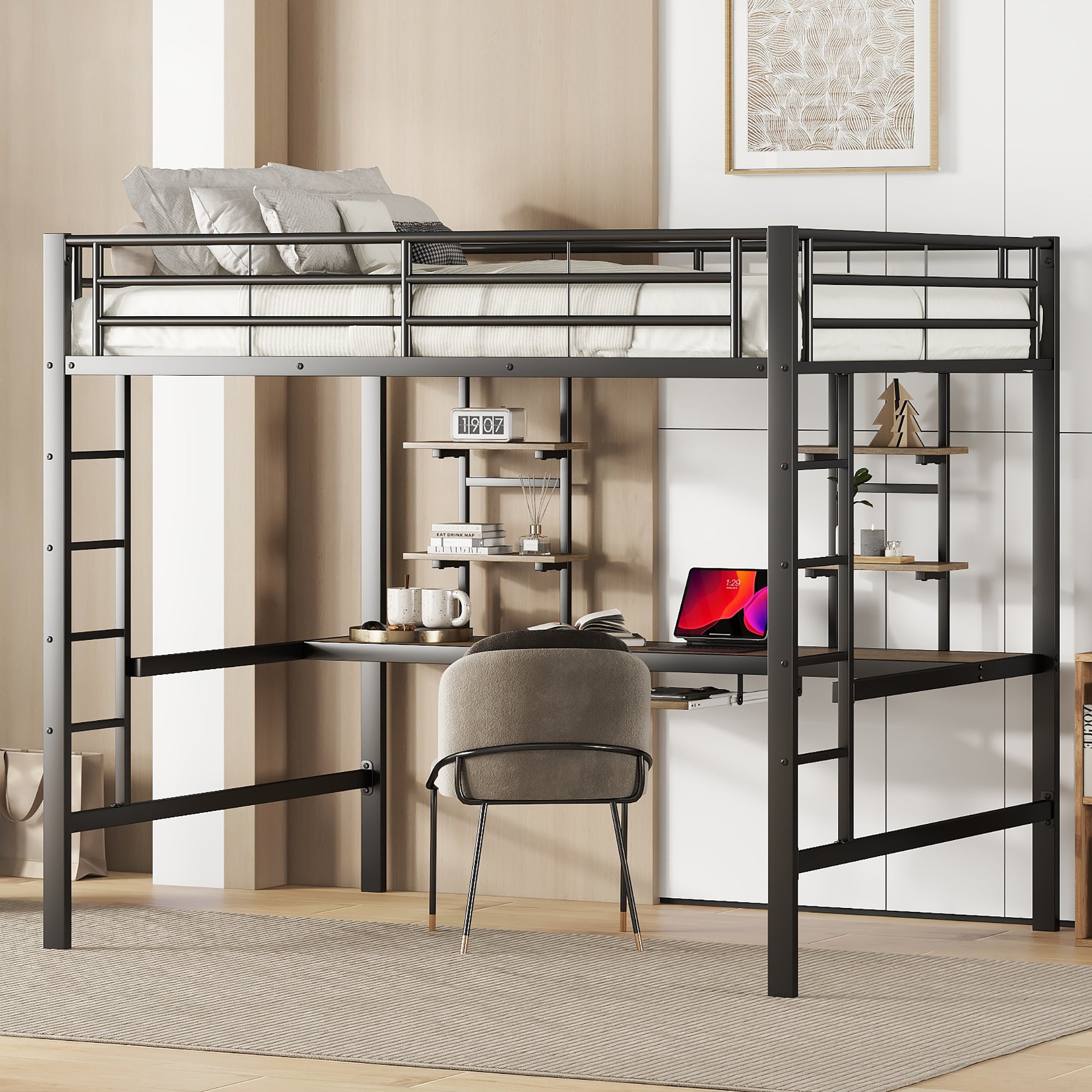 Logidon metalen hoogslaper 140x200cm met bureau en boekenplanken