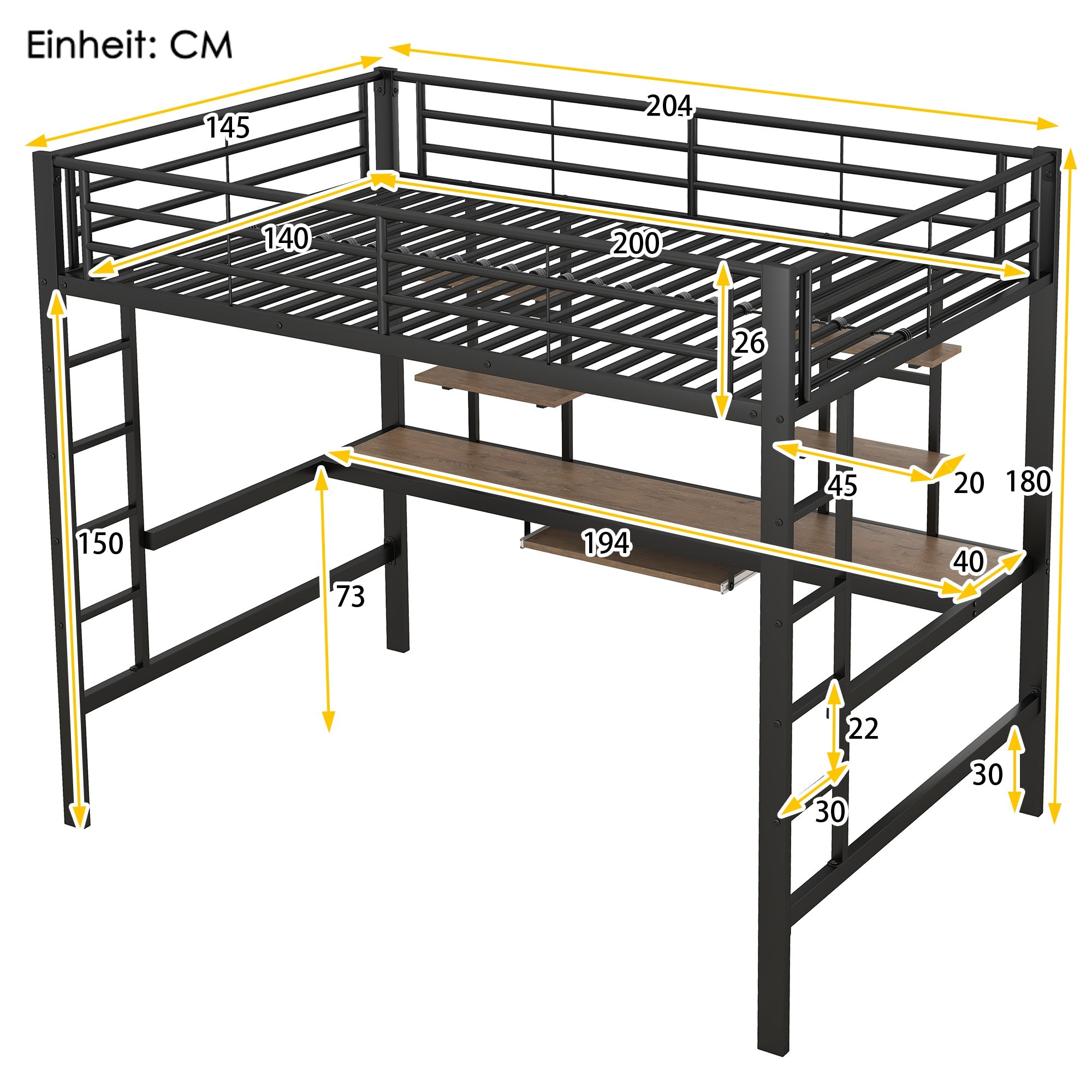 Logidon metalen hoogslaper 140x200cm met bureau en boekenplanken