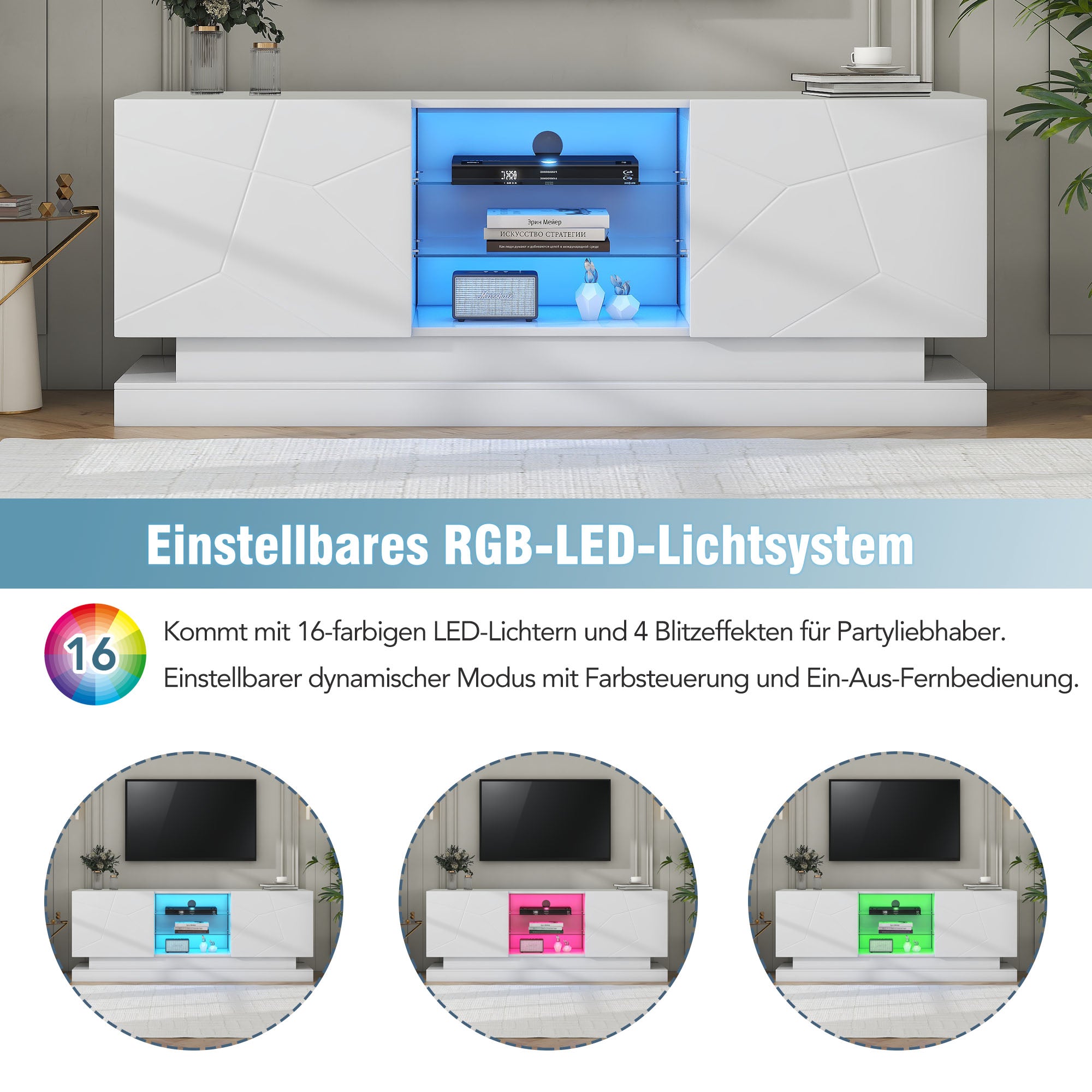 Logidon Wit Hoogglans TV-meubel 1,6m met verstelbare glazen plank