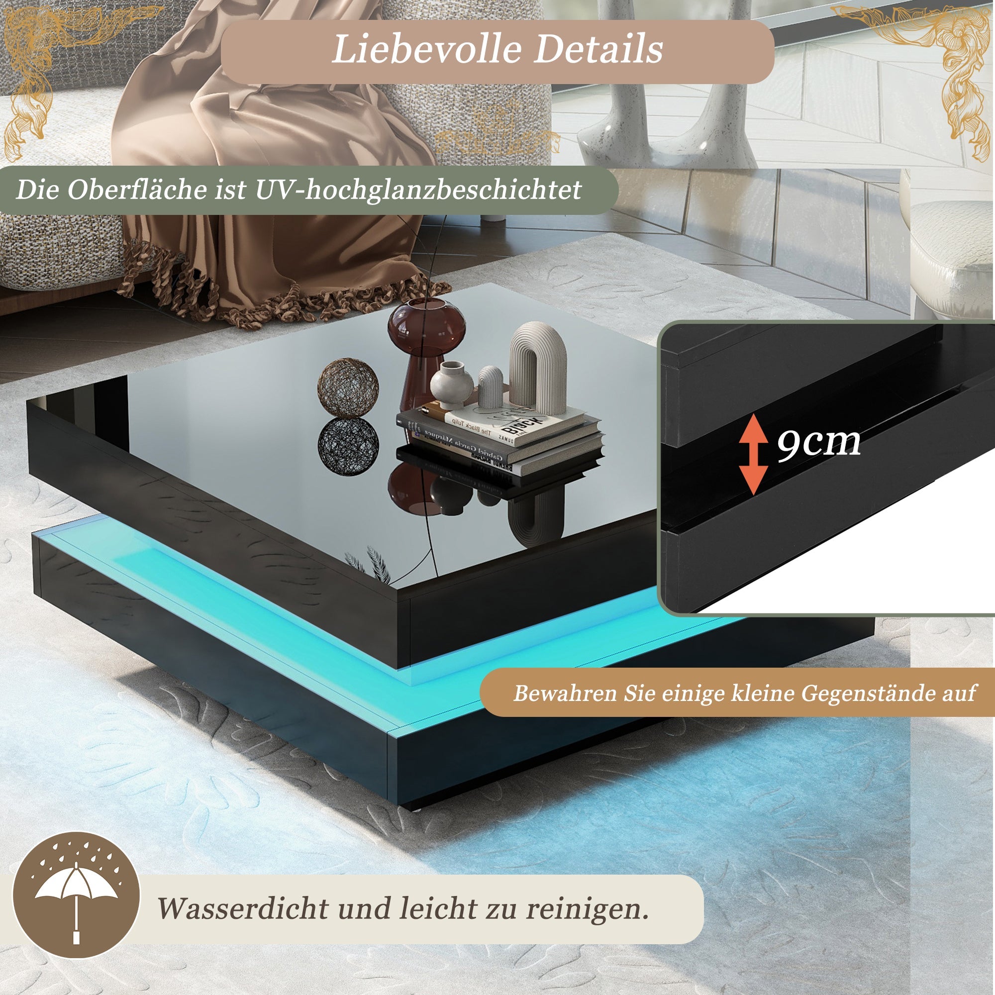 Logidon Vierkante Salontafel Zwart LED 16 Kleuren 70x70x36 cm