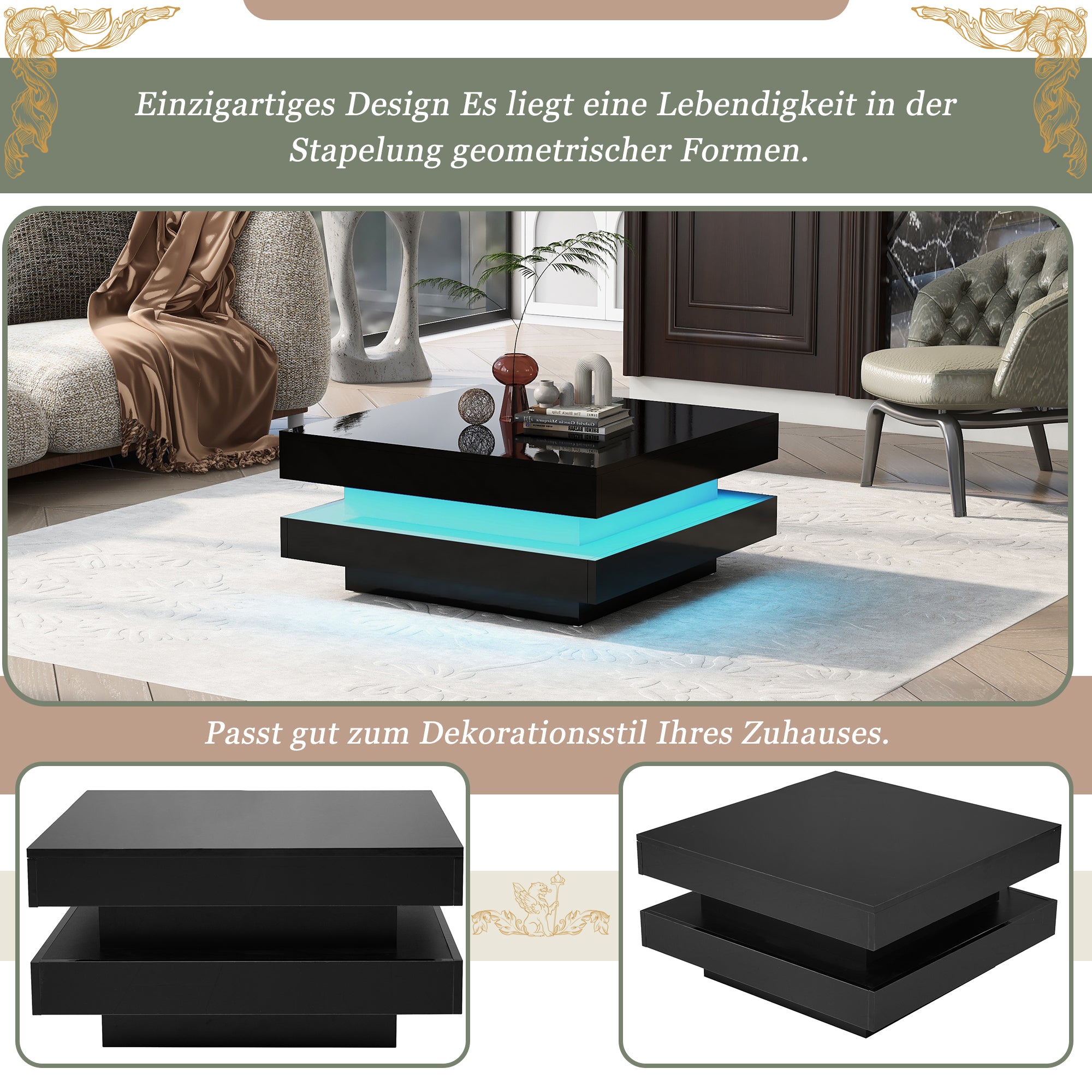 Logidon Vierkante Salontafel Zwart LED 16 Kleuren 70x70x36 cm