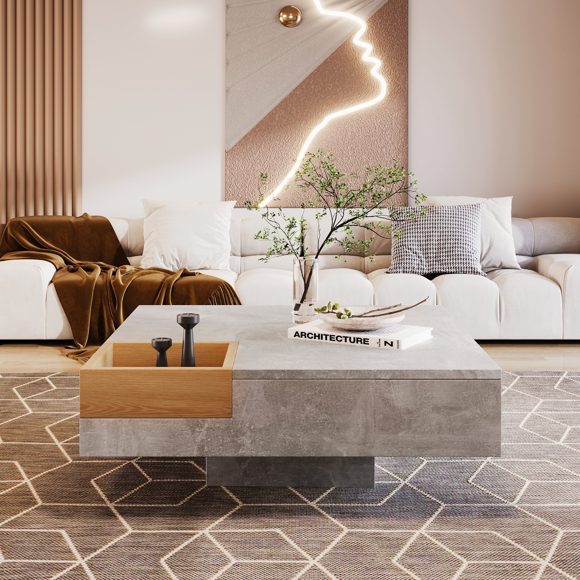 Logidon salontafel betongrijs uitneembare opbergbak 72x72 cm