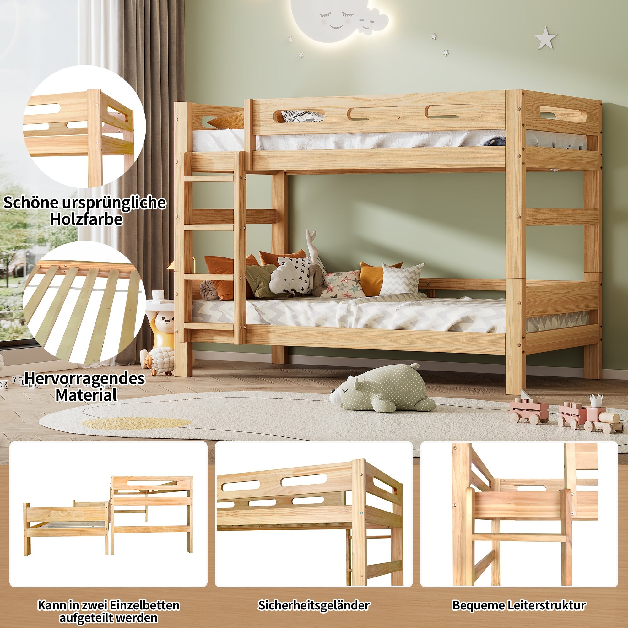 Logidon stapelbed 90x200 naturel hout Twee eenpersoonsbedden