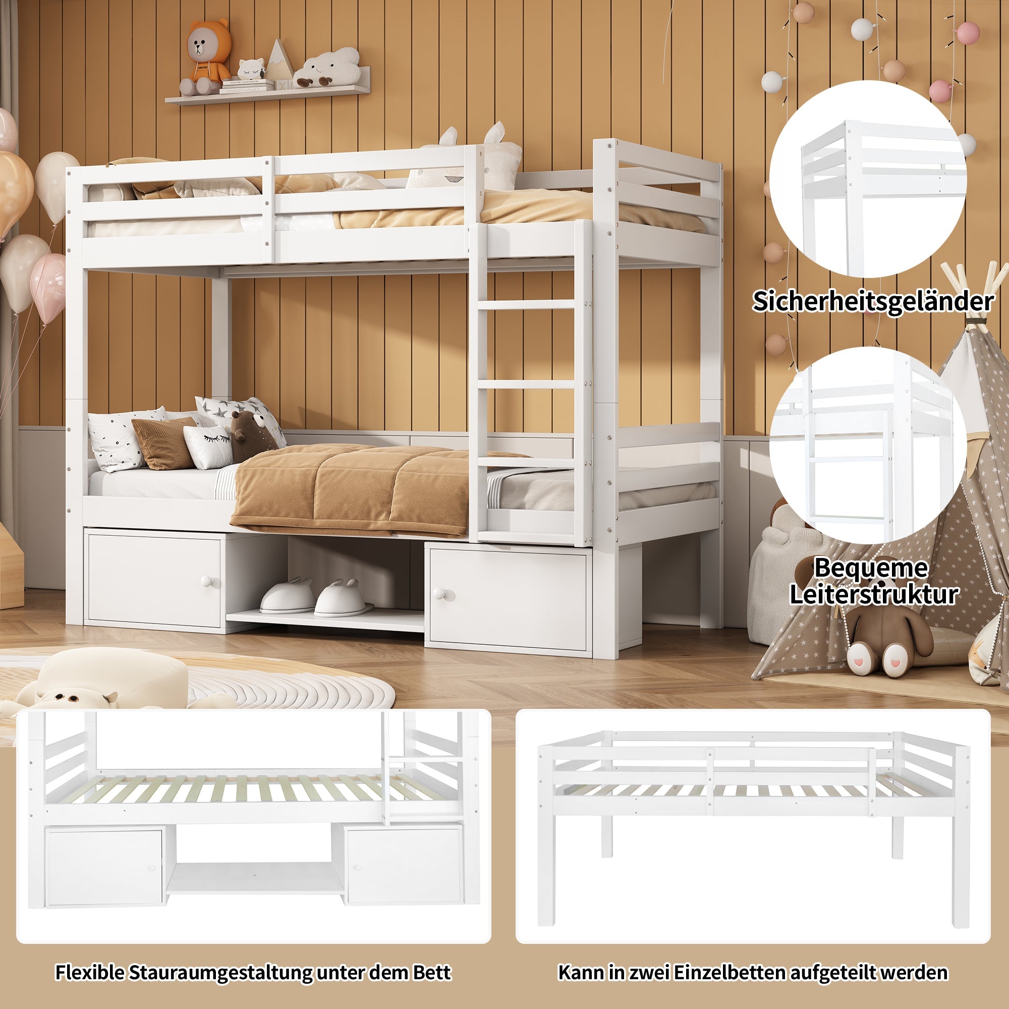 Logidon stapelbed voor kinderen 90x200cm wit. Op te delen in 2 eenpersoonsbedden