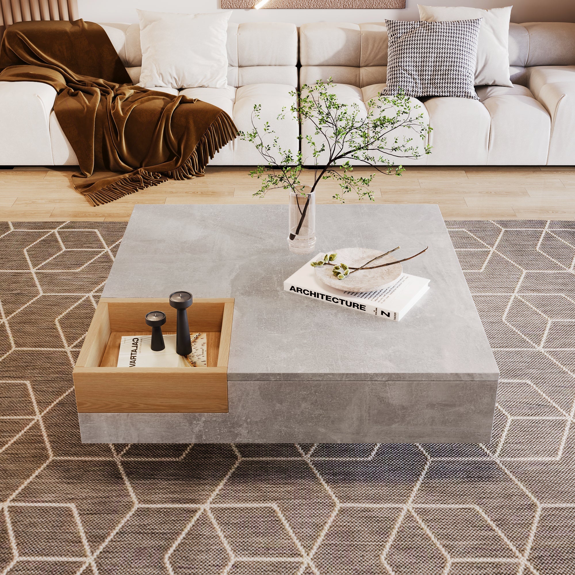 Logidon salontafel betongrijs uitneembare opbergbak 72x72 cm