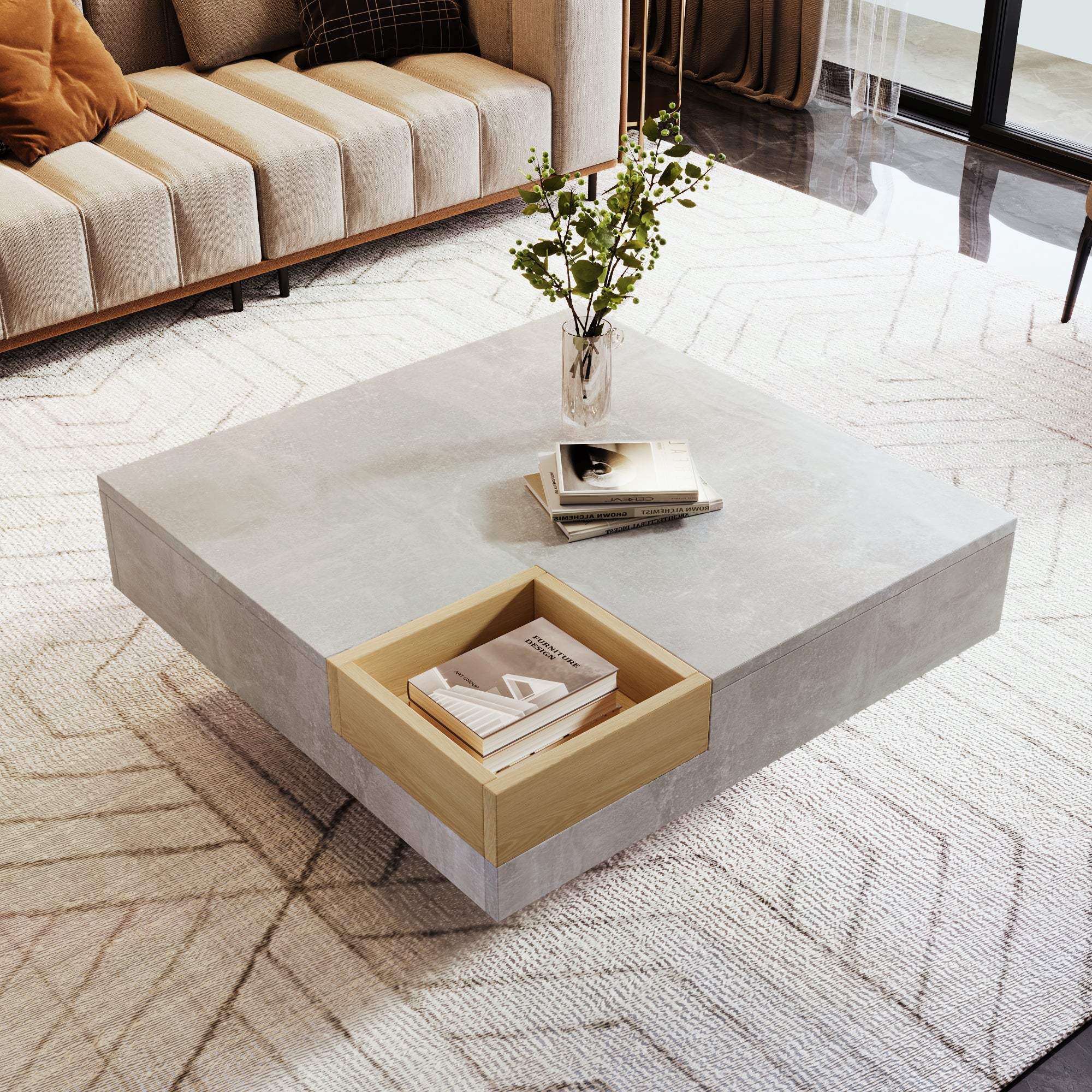 Logidon salontafel betongrijs uitneembare opbergbak 72x72 cm
