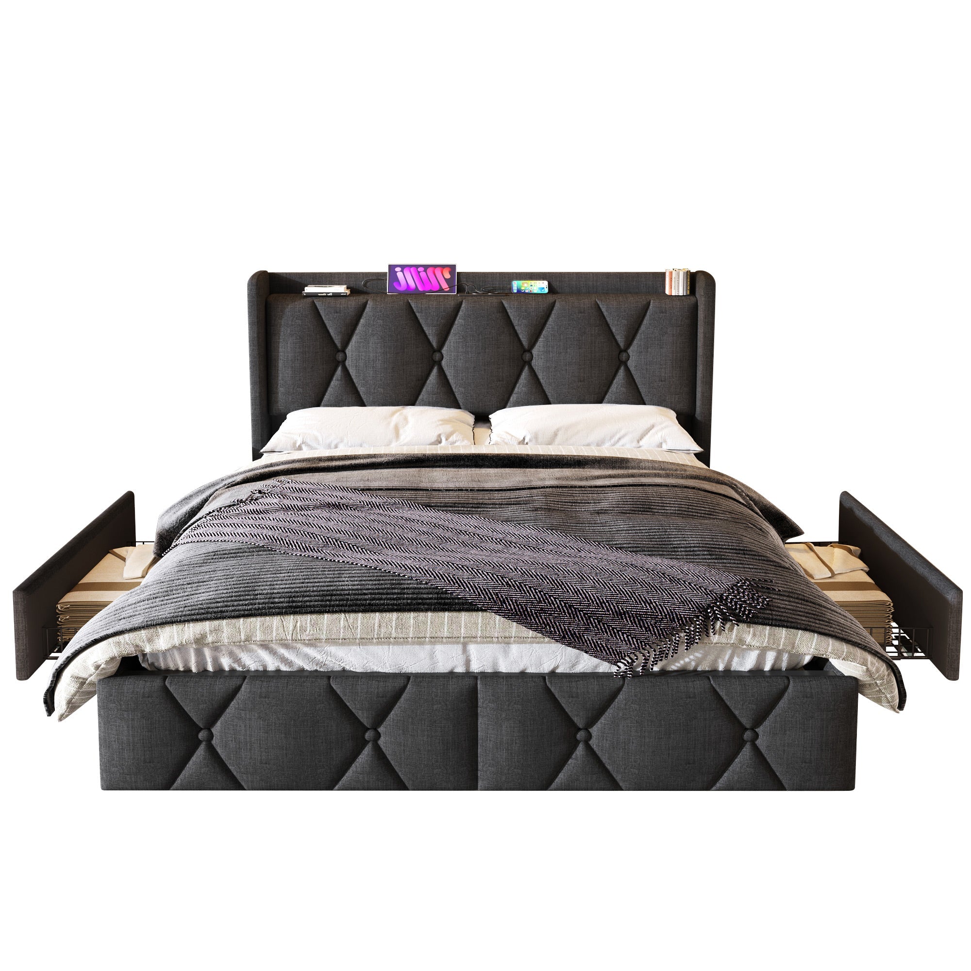 Logidon gestoffeerd bed 160x200 grijs met USB oplaadfunctie en 4 lades