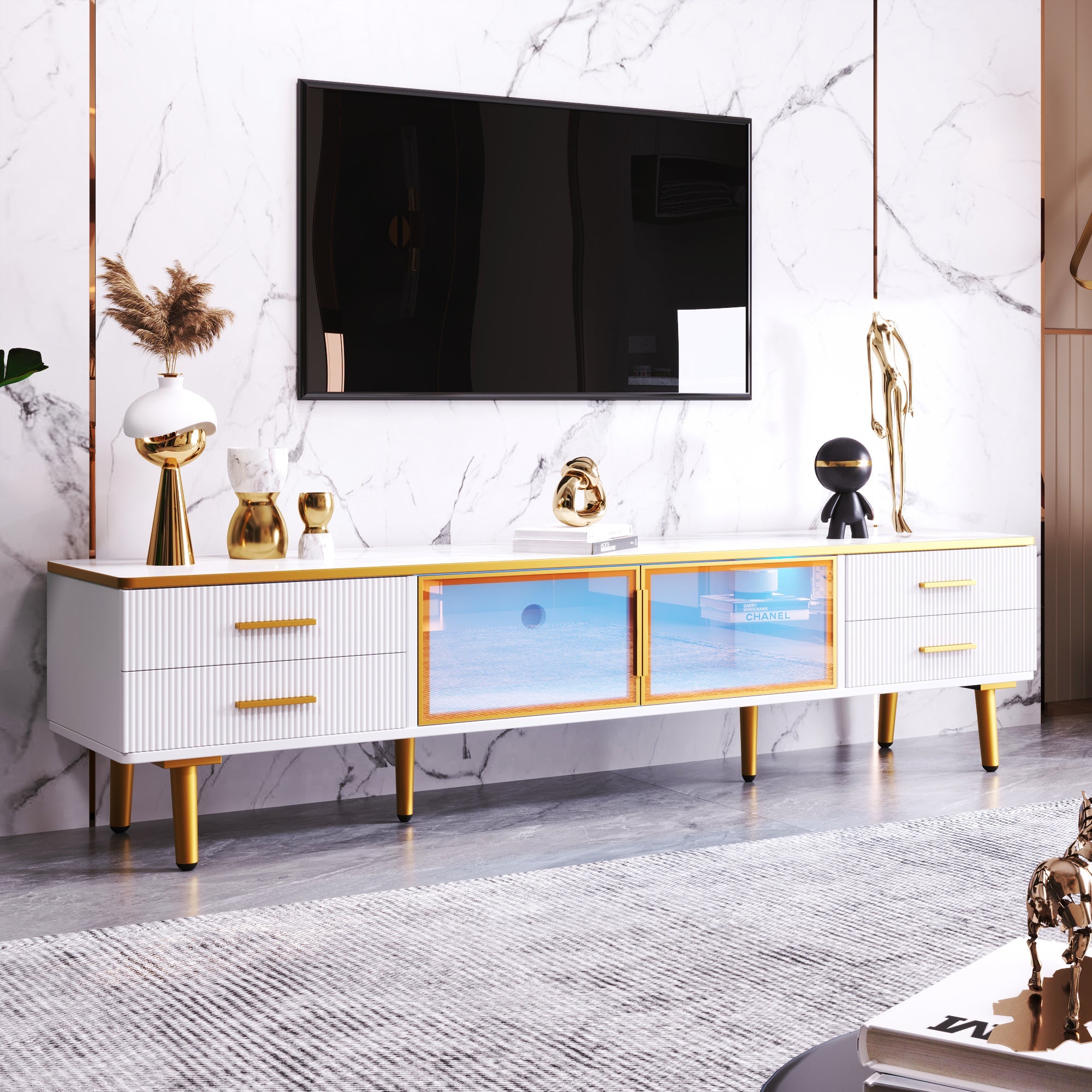 Logidon TV-meubel marmereffect 170 cm met gouden handgrepen en bruine glazen deuren