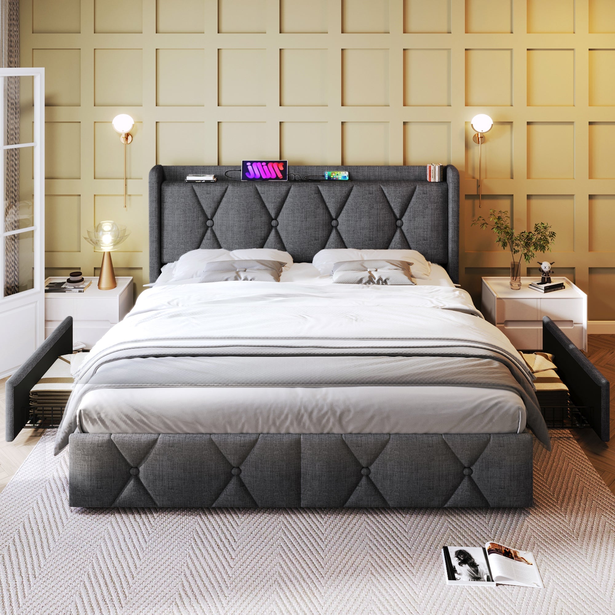 Logidon gestoffeerd bed 160x200 grijs met USB oplaadfunctie en 4 lades