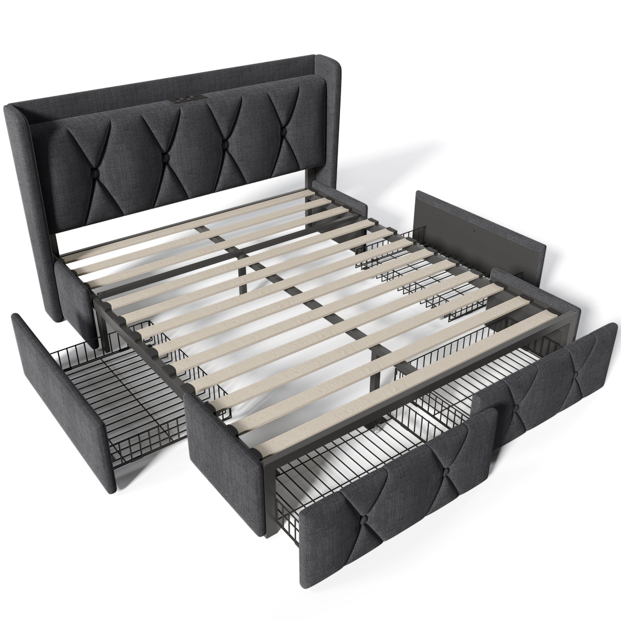 Logidon upholstered bed 140x200cm gray with USB charging function 4 drawers