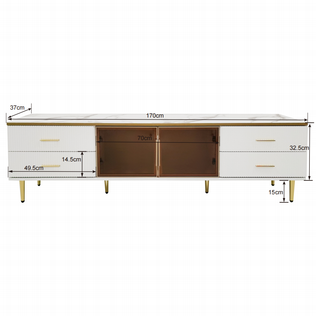 Logidon TV-meubel marmereffect 170 cm met gouden handgrepen en bruine glazen deuren