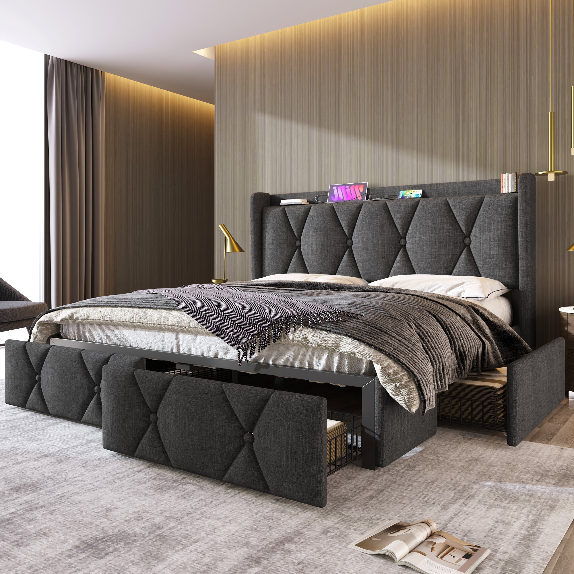 Logidon gestoffeerd bed 160x200 grijs met USB oplaadfunctie en 4 lades