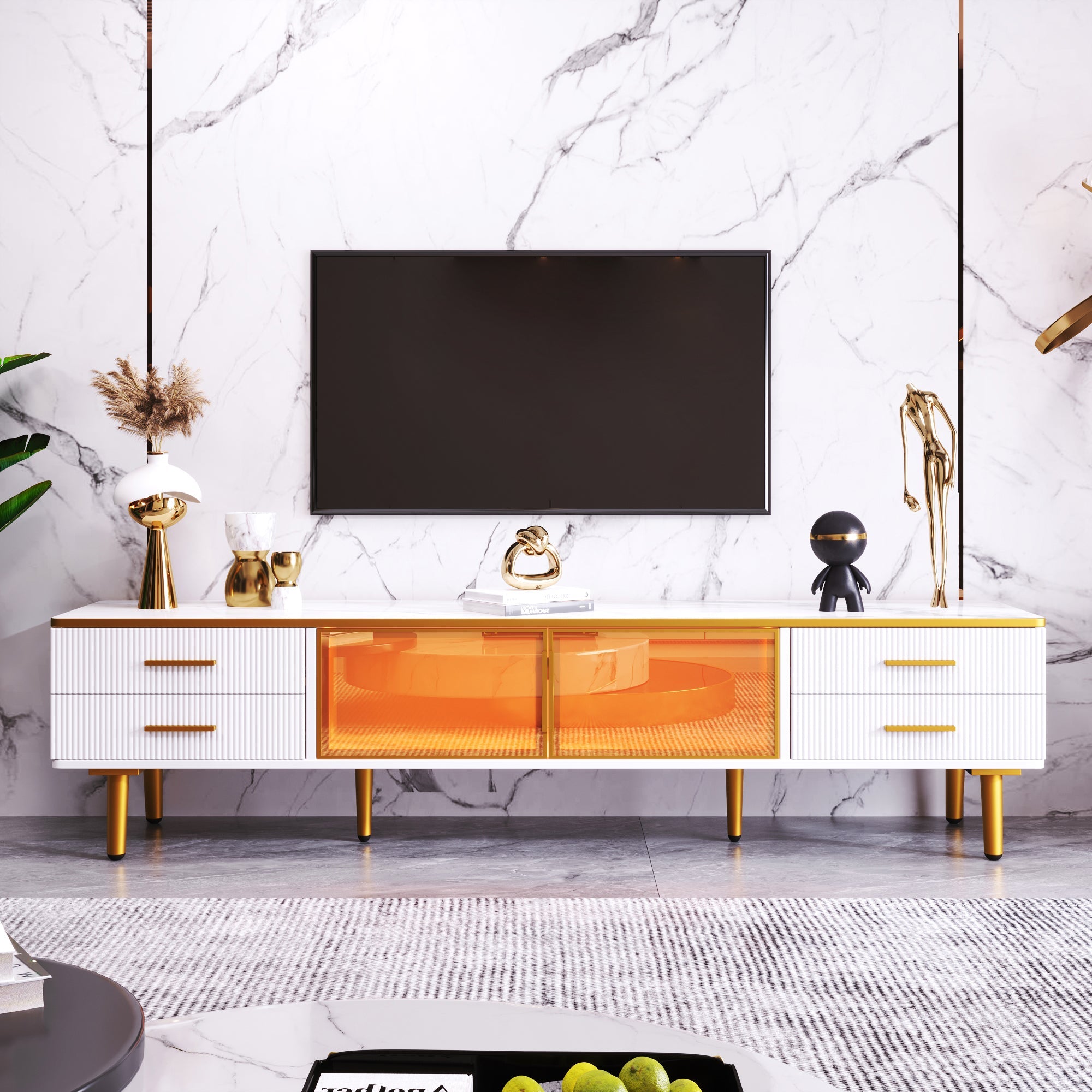 Logidon TV-meubel marmereffect 170 cm met gouden handgrepen en bruine glazen deuren
